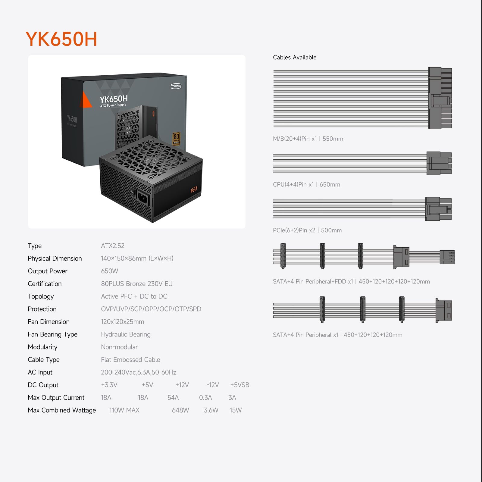 PCCOOLER CPS YK650H, Alimentatore ATX 650W - Certificazione 80 PLUS Bronze - Basso Rumore - Cavo Piatto con Rilievo - Non Modulare