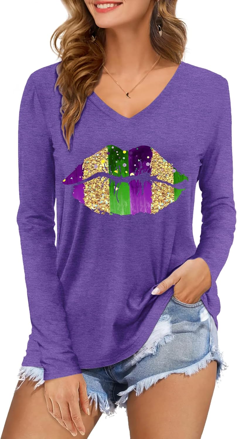 Mardi Gras Shirts Women: Fat Tuesday Shirt Carnival Mask Graphic Tee New Orleans Party Long Sleeve V Neck Top - Image 4