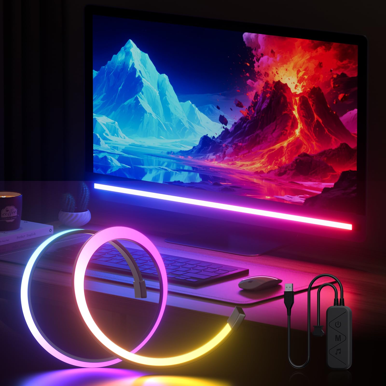 Lumtang RGBIC Under Monitor Light Bar，For Gaming Setup, RGBIC Desk Led Color Sync, 5V USB Led Bar, Keyboard Gaming Light for Desk/PC/Monitor/Computer/Setup/Room Accessories