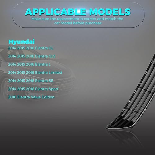 Miniatura 7 de Titanium Plus Autoparts Parachoques de plástico delantero negro parrilla inferior compatible para 2014-2016 Hyundai Elantra Limited 865603X700