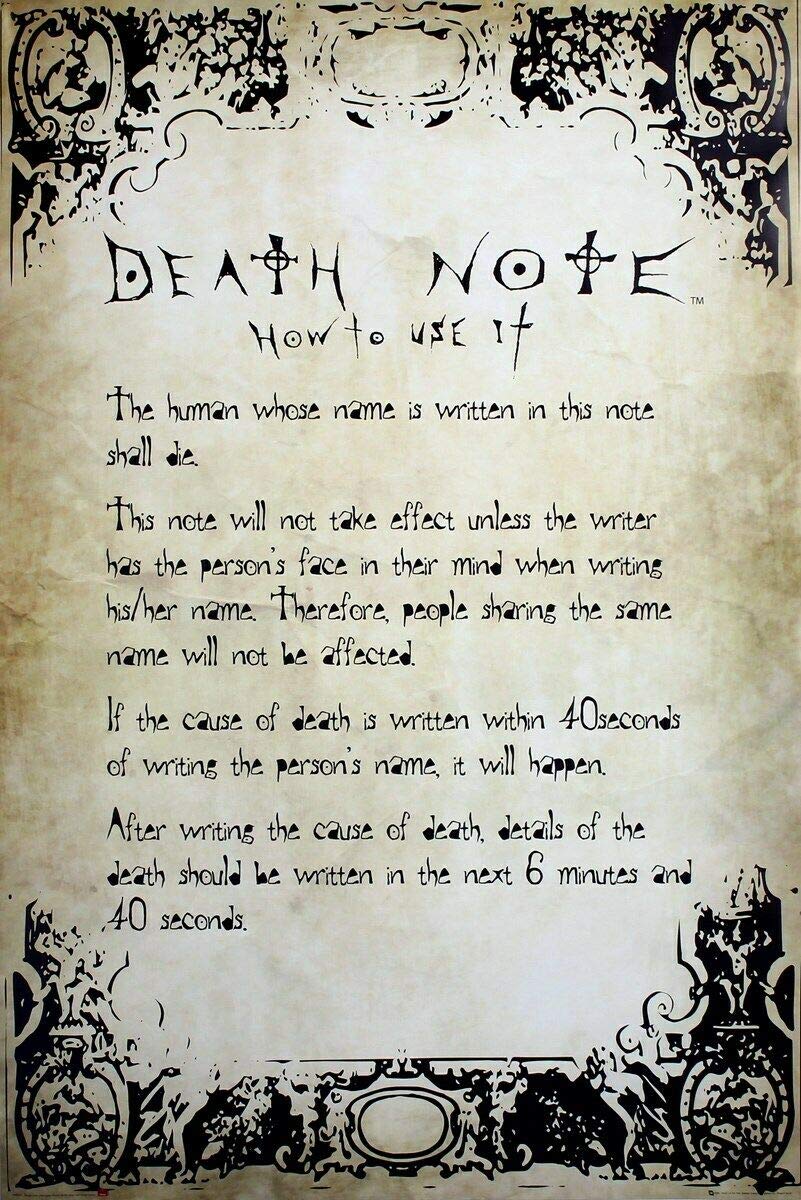 Inga Death Note Rules Poster Home Decor Art Wall Decor Metal Sign Poster 8x12 inches
