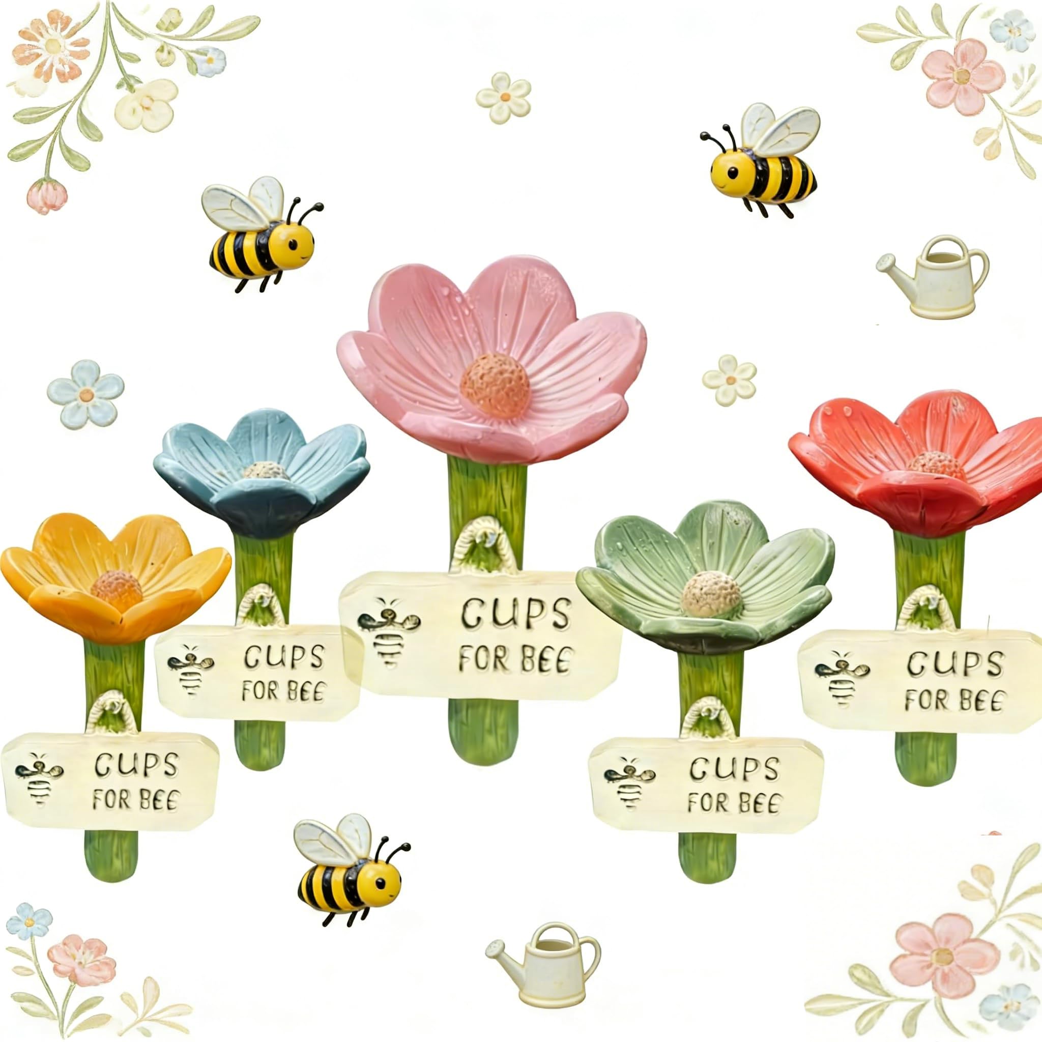 5pcs Flower-Shaped Ceramic Bee Watering Station – 5 Colourful Bee Cups for Garden, Outdoor Pollinator Feeder with Ground Stake,Ceramic Flowers Drinking Water for Yard, Lawn, Patio Decor