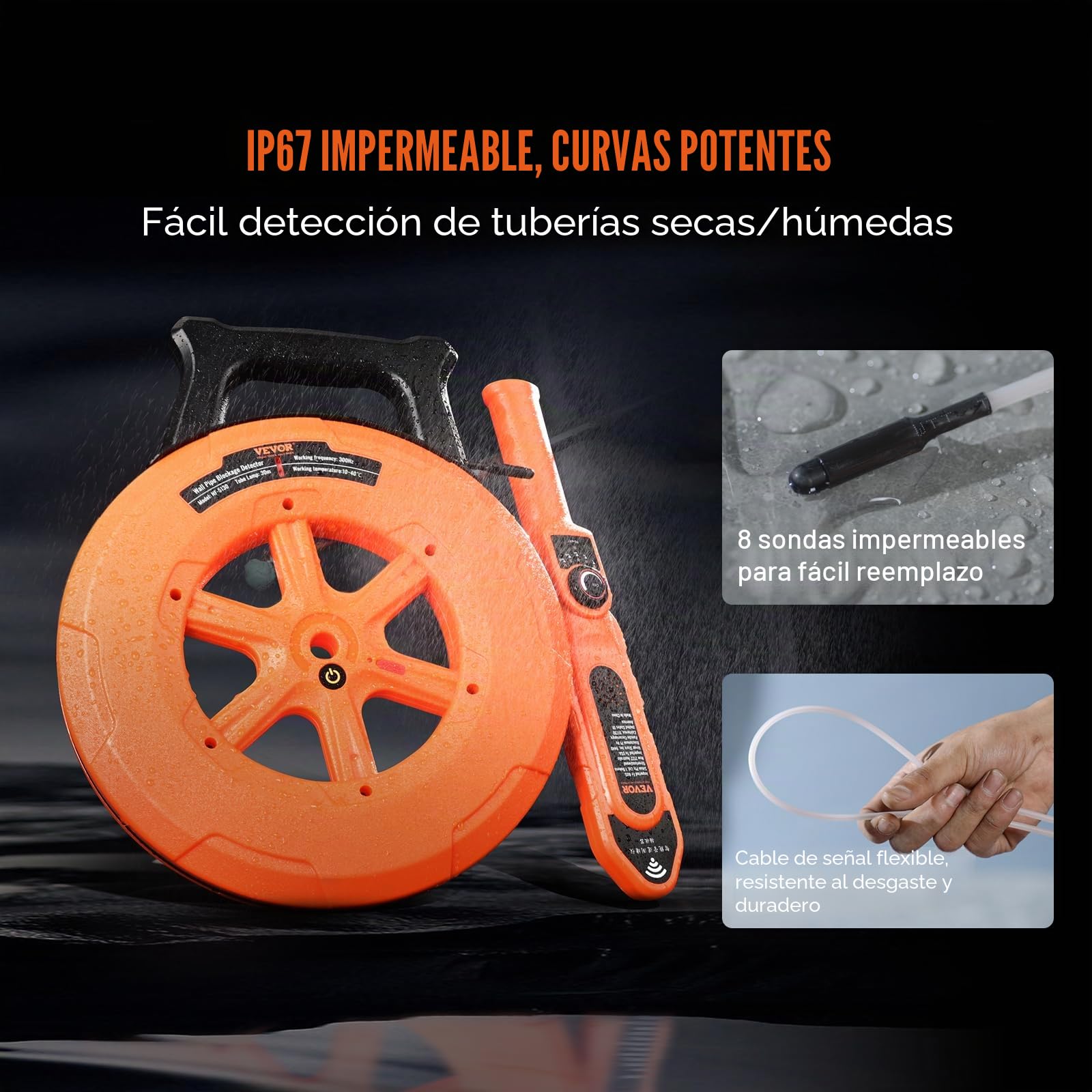 VEVOR Detector de bloqueo de tuberías Localizadores de tuberías 30m Impermeable IP67 Sensibilidad ajustable Escáner de pared de alcantarillado Herramienta de plomería para tubos de metal plástico PVC