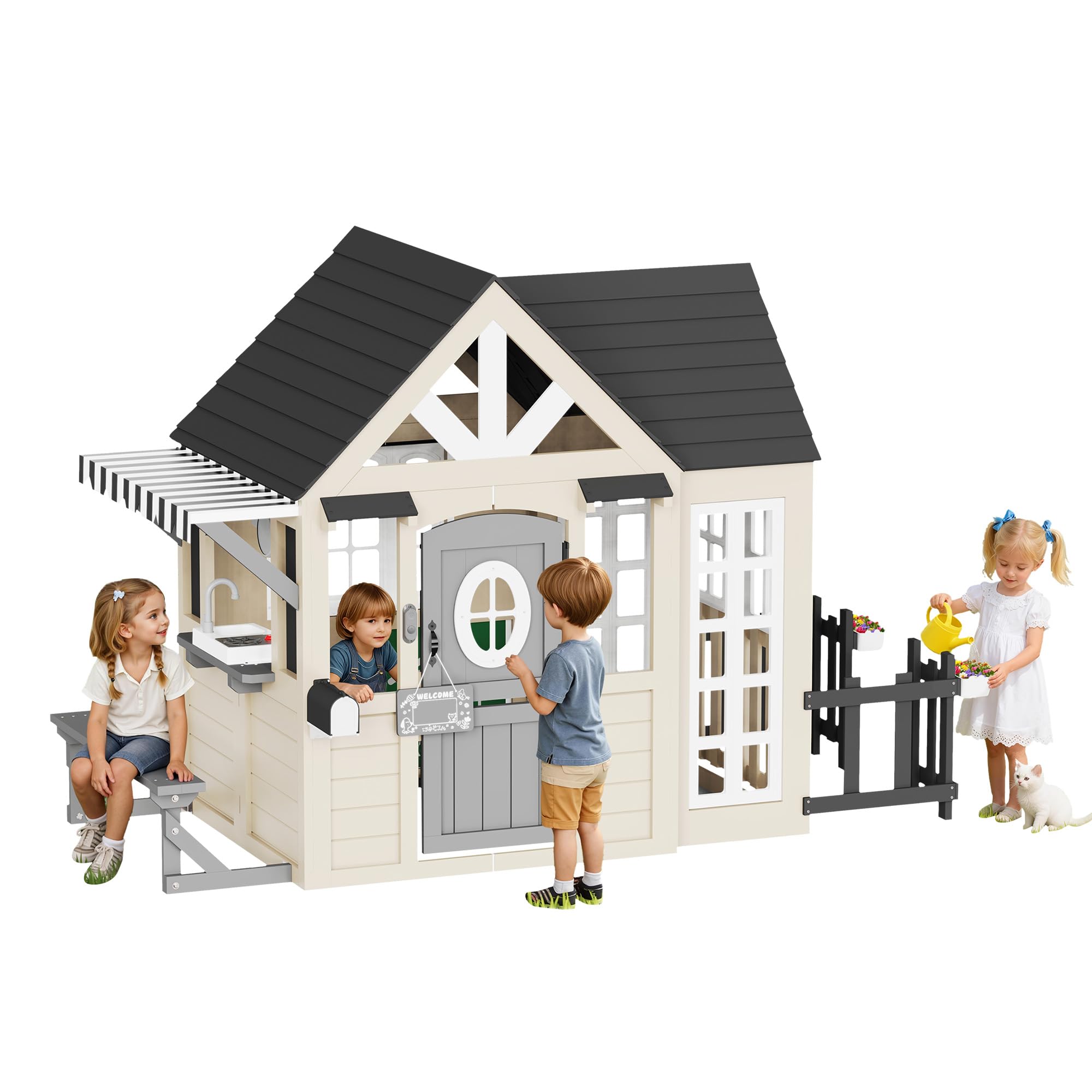 Albott Kids Outdoor Wooden Playhouse with Kitchen Set, Mailbox & Doorbell, Durable Wood Construction with Waterproof Roof & Rust-Resistant Hinges, Pretend Playhouse for 3–8 Years Old Boys & Girls
