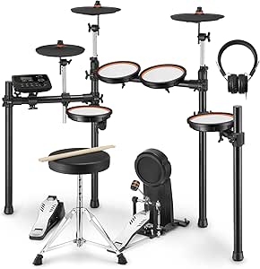 Donner DED-100 Electric Drum Set, Electric Drum for Beginner/Intermediate with Dual Zone Quiet Mesh Drum Pads, Mesh Kick Drum, 30+ Kits and 425 Sounds, Throne, Headphones, Sticks, Melodics Lessons