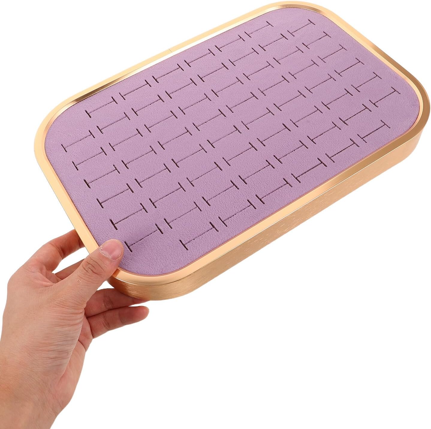 Velvet Rings Storage Organizer Tray with 60 Slots, Stackable Jewelry Display Case for Necklaces, Pendants, and Charms, Light Purple Jewelry Tray for Women’s Dresser Storage