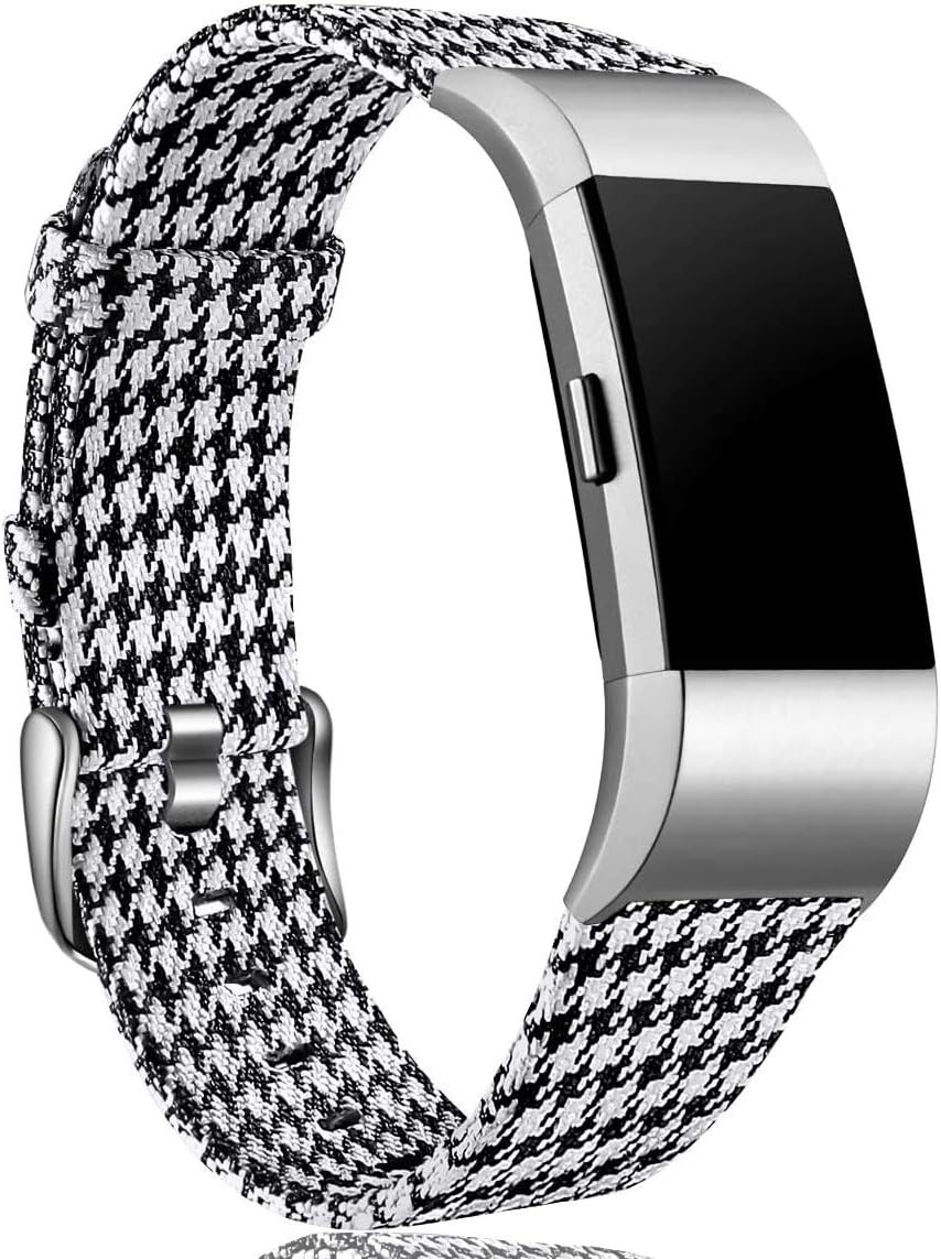 Maledan Bands Compatible with Charge 2 and Charge 2 HR Fitness Activity Tracker for Women Men, Durable Woven Fabric Watch Band Replacement Accessories Strap Wristband, Small, Black/White Plaid