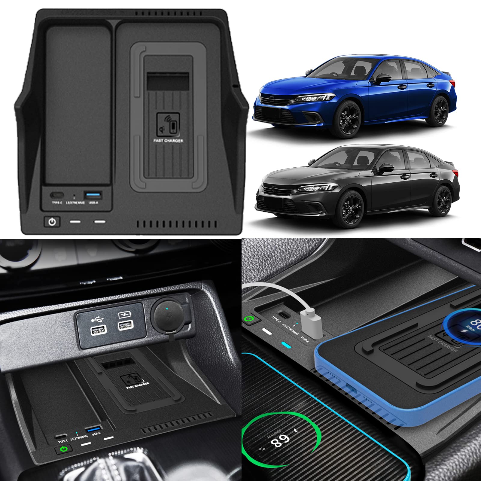 Bezprzewodowa ładowarka samochodowa kompatybilna z Honda Civic Hatchback Si Coupe typ R 2022 panel organizera konsoli środkowej, 15 W Qi szybkie ładowanie