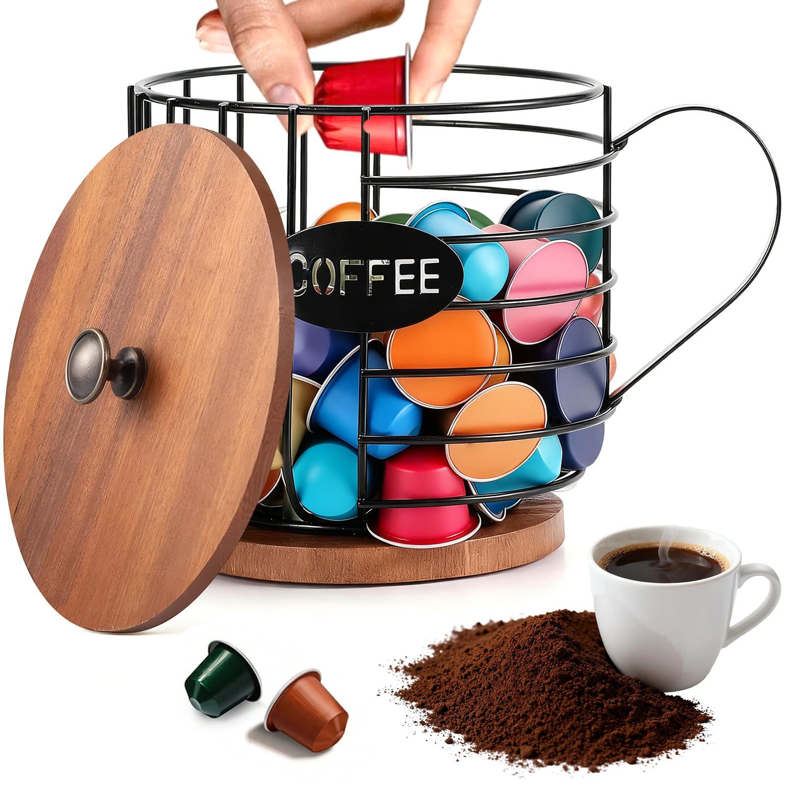 Porta Cialde Caffè Bancone con Coperchio Legno, Organizzatore Capsule Caffè Rotondo Cestello Portaoggetti Capiente, Portacialde Accessori Bar Contenitore Gabbie Ferro Nero per Lavoro Della Cucina