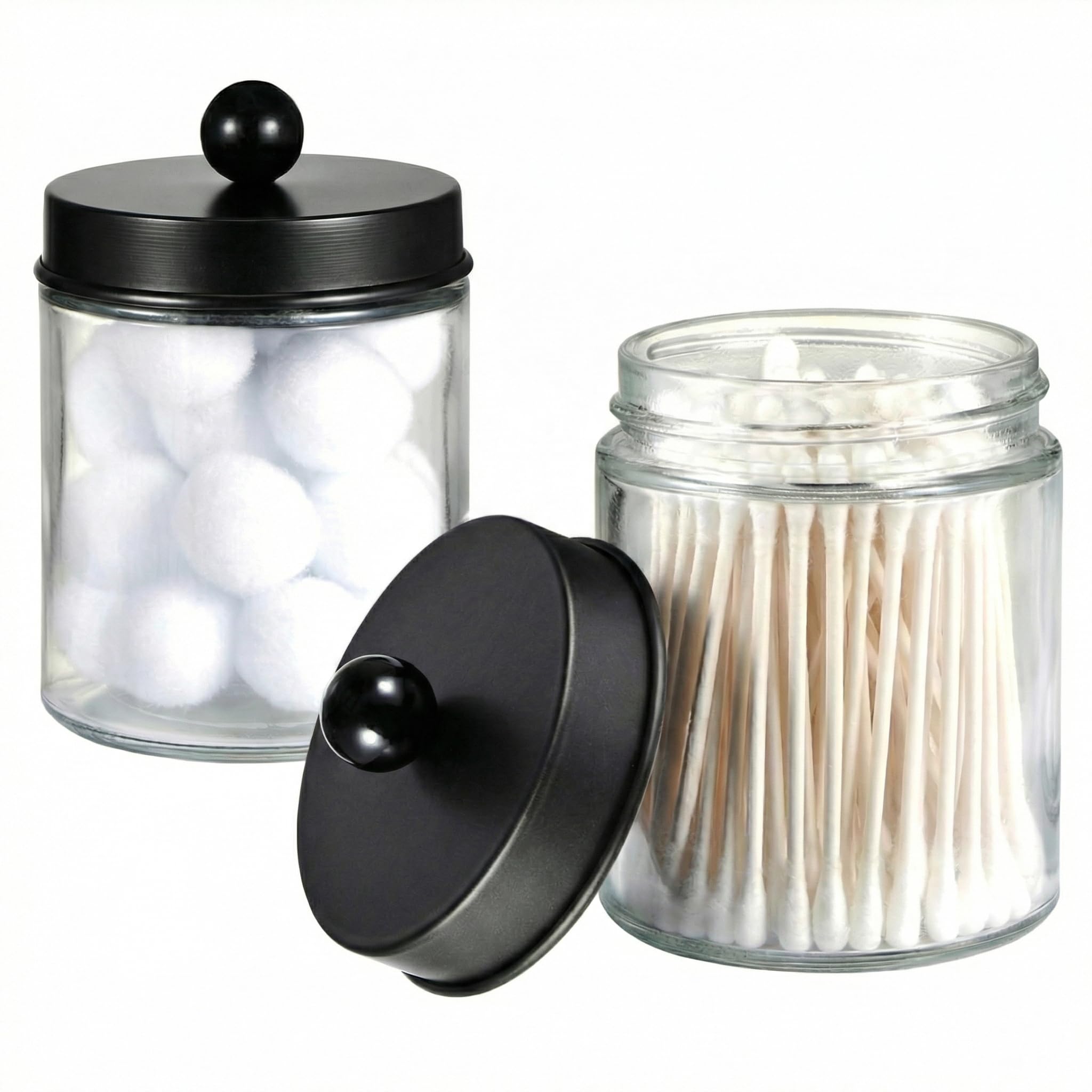 Apothecary Jars Bathroom Storage Organizer - Cute Qtip Dispenser Holder Vanity Canister Jar Glass with Lid for Cotton Swabs,Rounds,Bath Salts,Makeup Sponges,Hair Accessories/Black（2 Pack）
