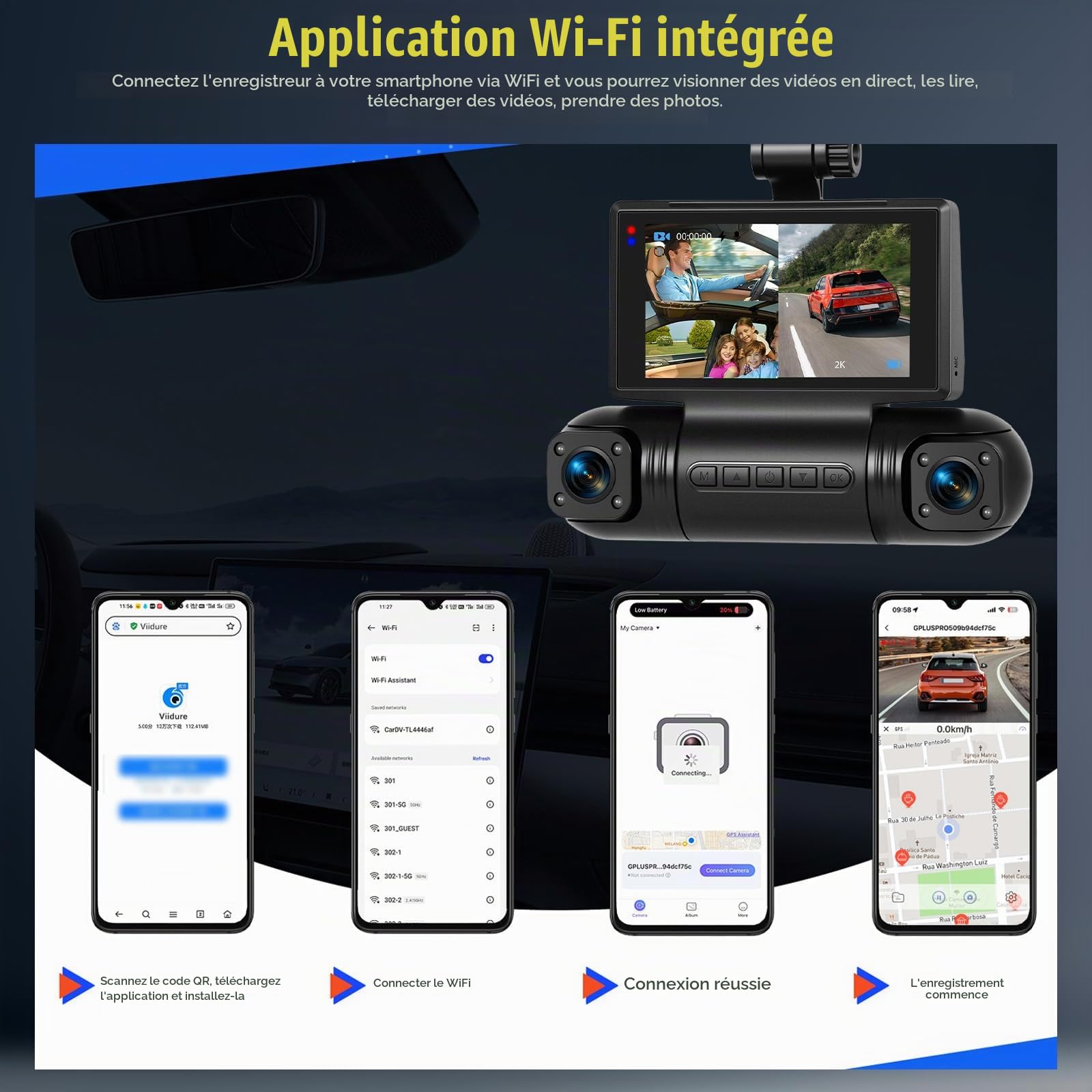 2K Dashcam Avant et Arrière avec APP WiFi, Dashcam Voiture avec Grand Angle 150°, Vision Nocturne, Surveillance du Stationnement, G-Sensor, Enregistrement en Boucle, APP, Aide au recul
