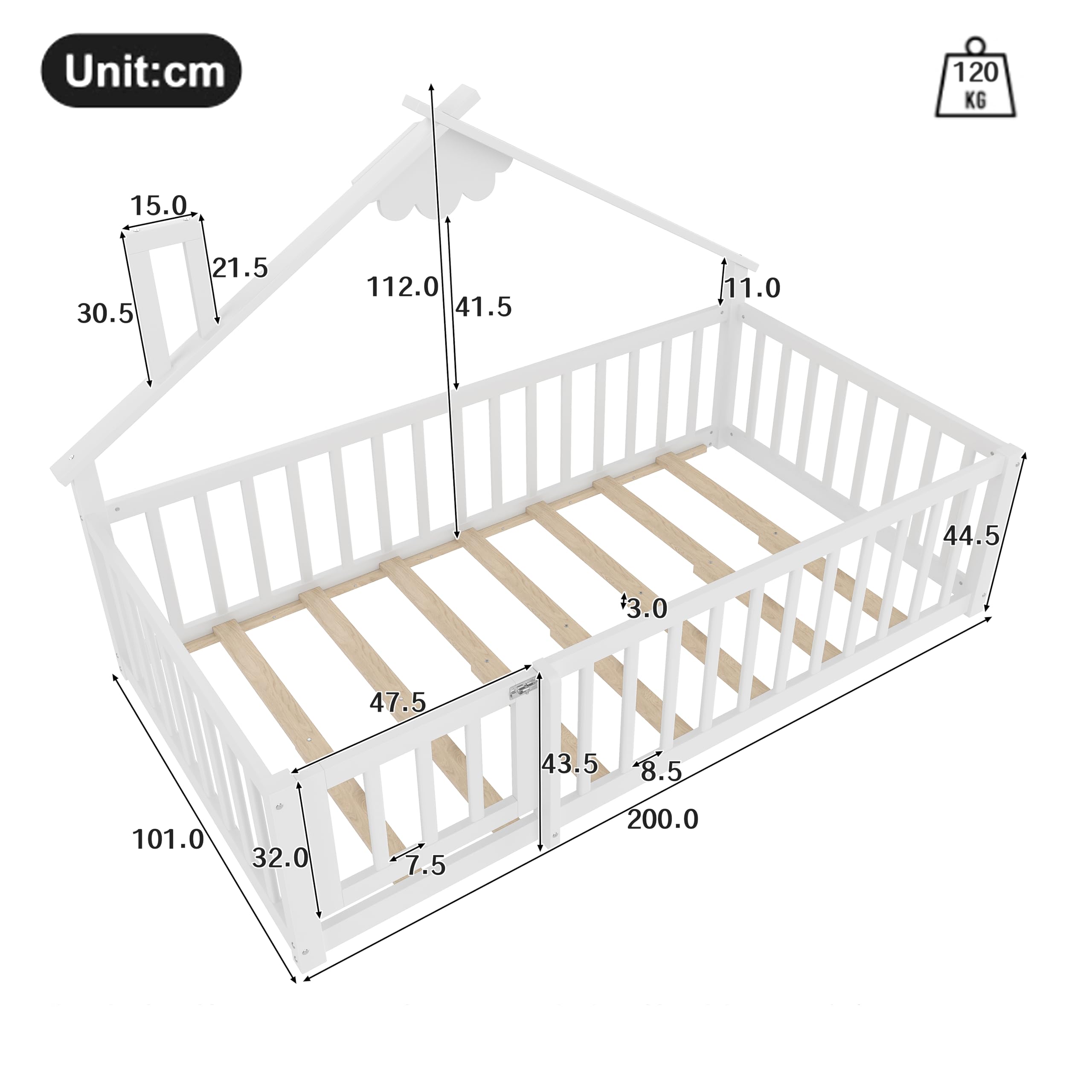 Cama de suelo de 90 x 190 cm con protección anticaída y puerta con cerradura, estructura de cama infantil, cama de madera de pino con somier, cama de madera, sin colchón