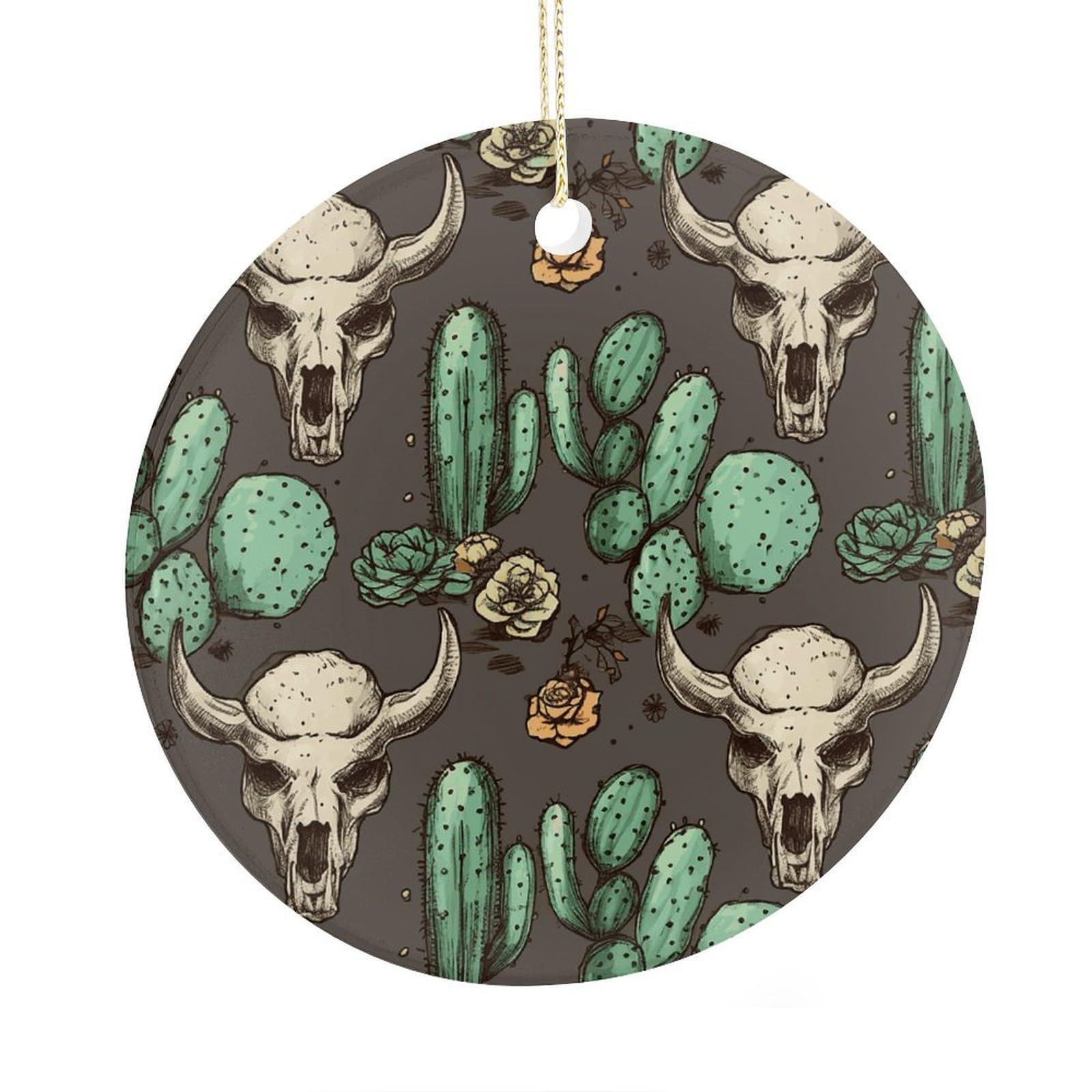 Adfgyerh Style Skull Of Bull And Cute Cactus Ceramic Circular Pendant,2.9 Inch，Hanging Ornament，Gift Exchange Idea Round Ceramic Ornament,For Mom And Daughter，For Home Indoor Outdoor Decor.