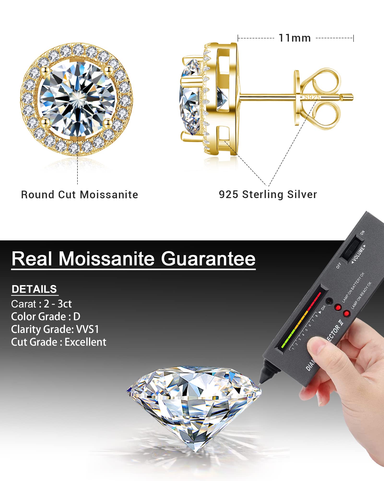 Pendientes de tuerca para hombre, aretes de moissanita de 2 quilates y 3 quilates con certificado de autenticidad, plata de ley 925, regalos de cumpleaños, San Valentín, joyería de boda