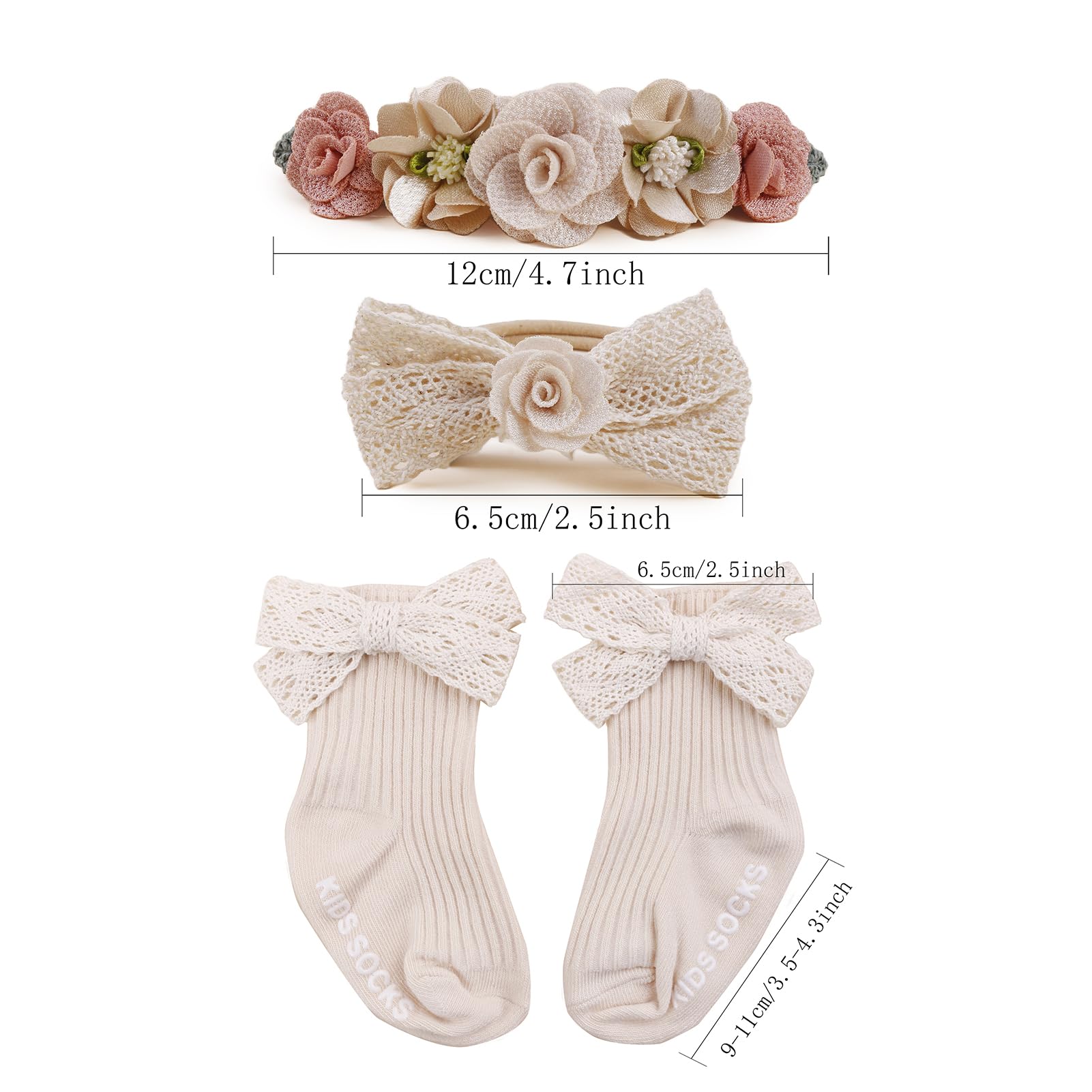 cherrboll Juego de diademas y calcetines para bebé, 3 unidades, suaves y florales, lazos para el pelo, calcetines de punto para recién nacidos, niños pequeños, accesorios de fotografía, regalos