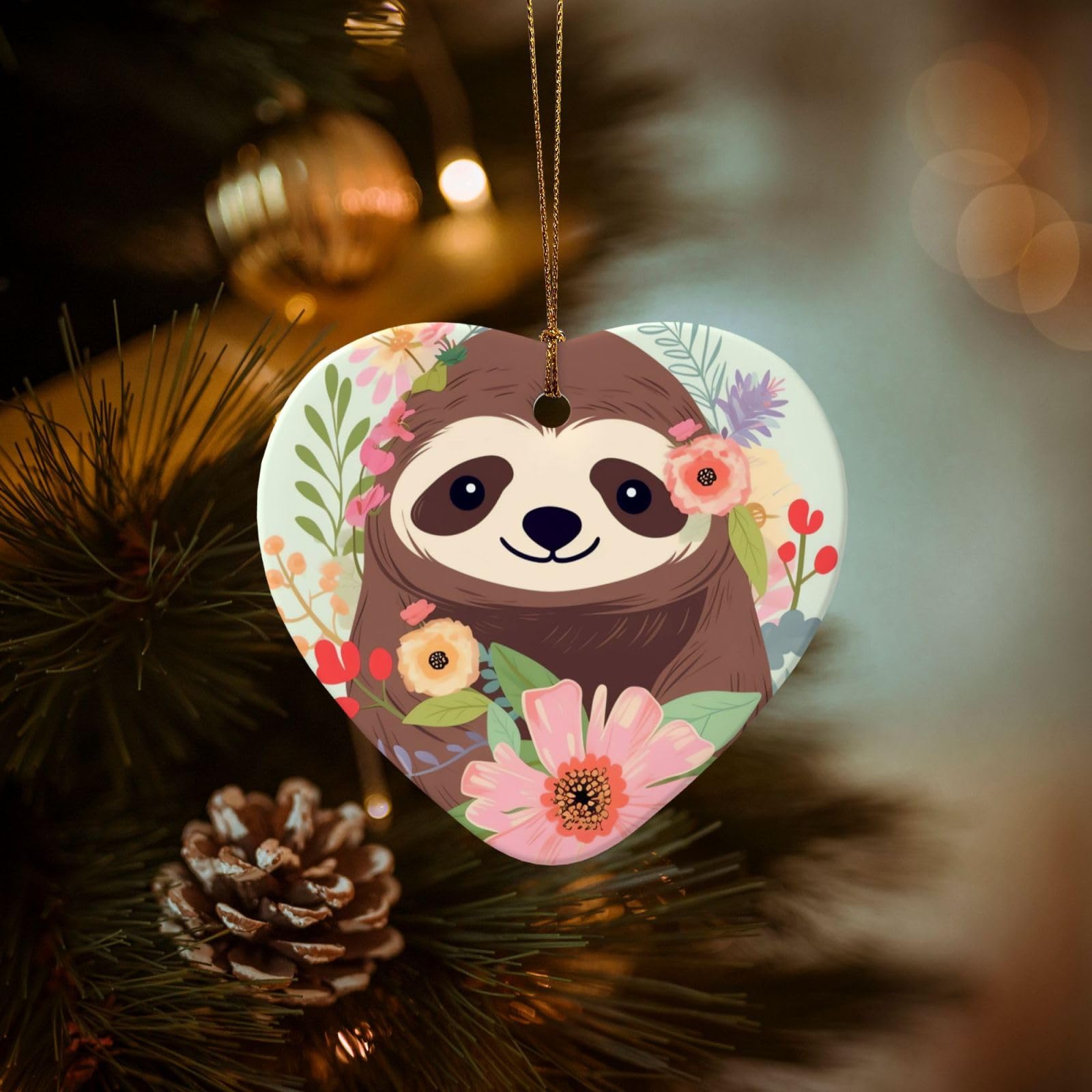 Christmas Ornaments for Christmas Tree Decoration Hanging Sloth and Flowers Ornament with Gold Ribbon Crafts Heart Shape Ceramic Pendant for Keepsake Gifts Xmas Decor Party Supplies