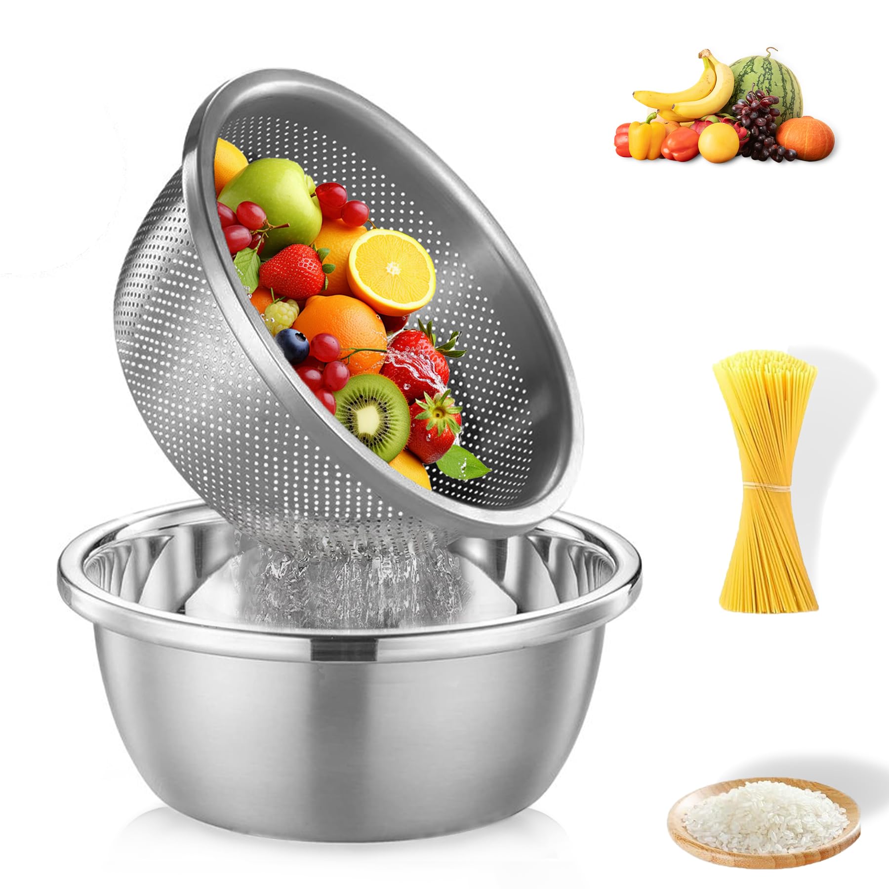 Juego de colador de Alimentos de colador de Colas de Lavado de arroz - 304 colador microporoso de Acero Inoxidable con tazón de Mezcla para drenar Fruta, Pasta, Espagueti - 2 -Qt