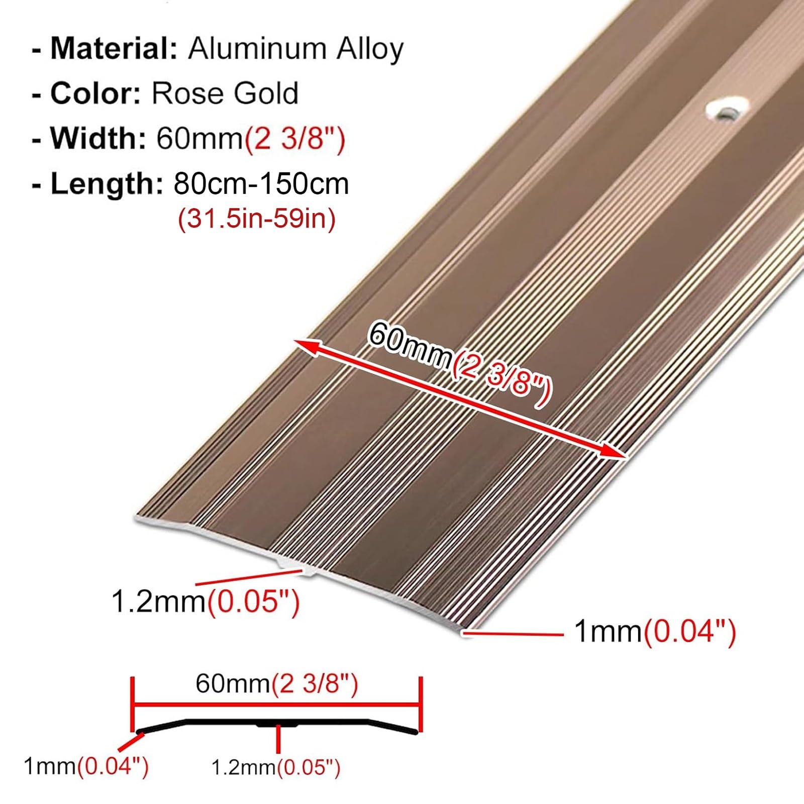 Largeur 6cm Bande De Transition De Sol En Aluminium 80/90/110/120/150cm Barre De Seuil Profilé De Transition À Visser Pour Jonction Seuil De Porte(Grey,140cm/55.1in)