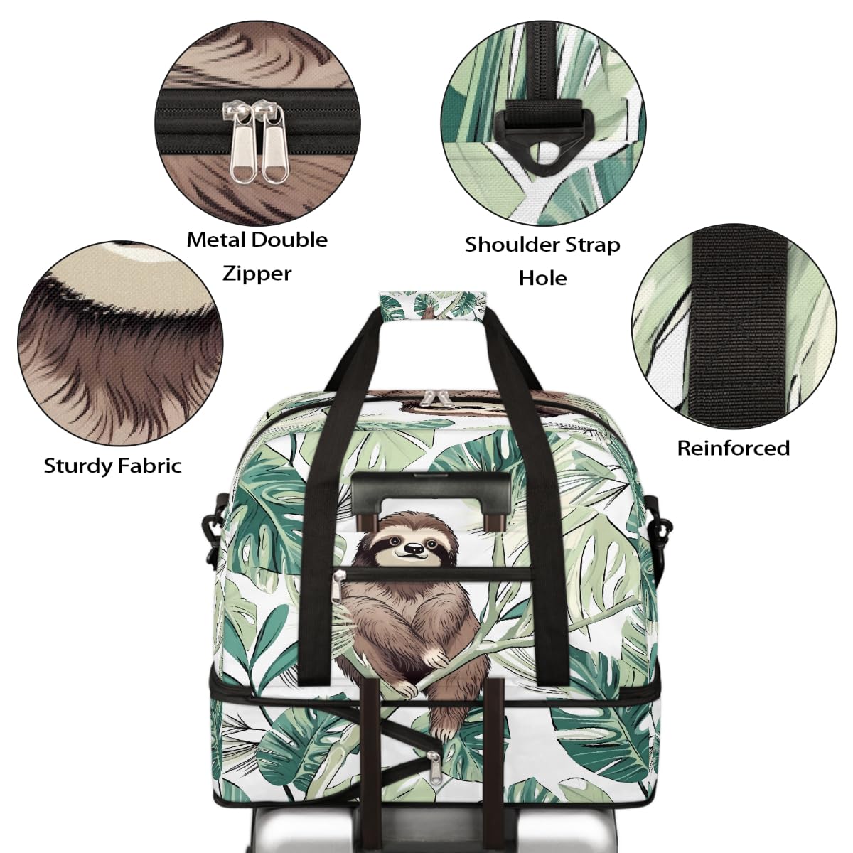 Borsone da viaggio pieghevole con foglie di palma bradipo, borsa da palestra espandibile con scomparto per scarpe, borsa da weekend di grande capacità, borsa da portare con sé, per viaggi, sport