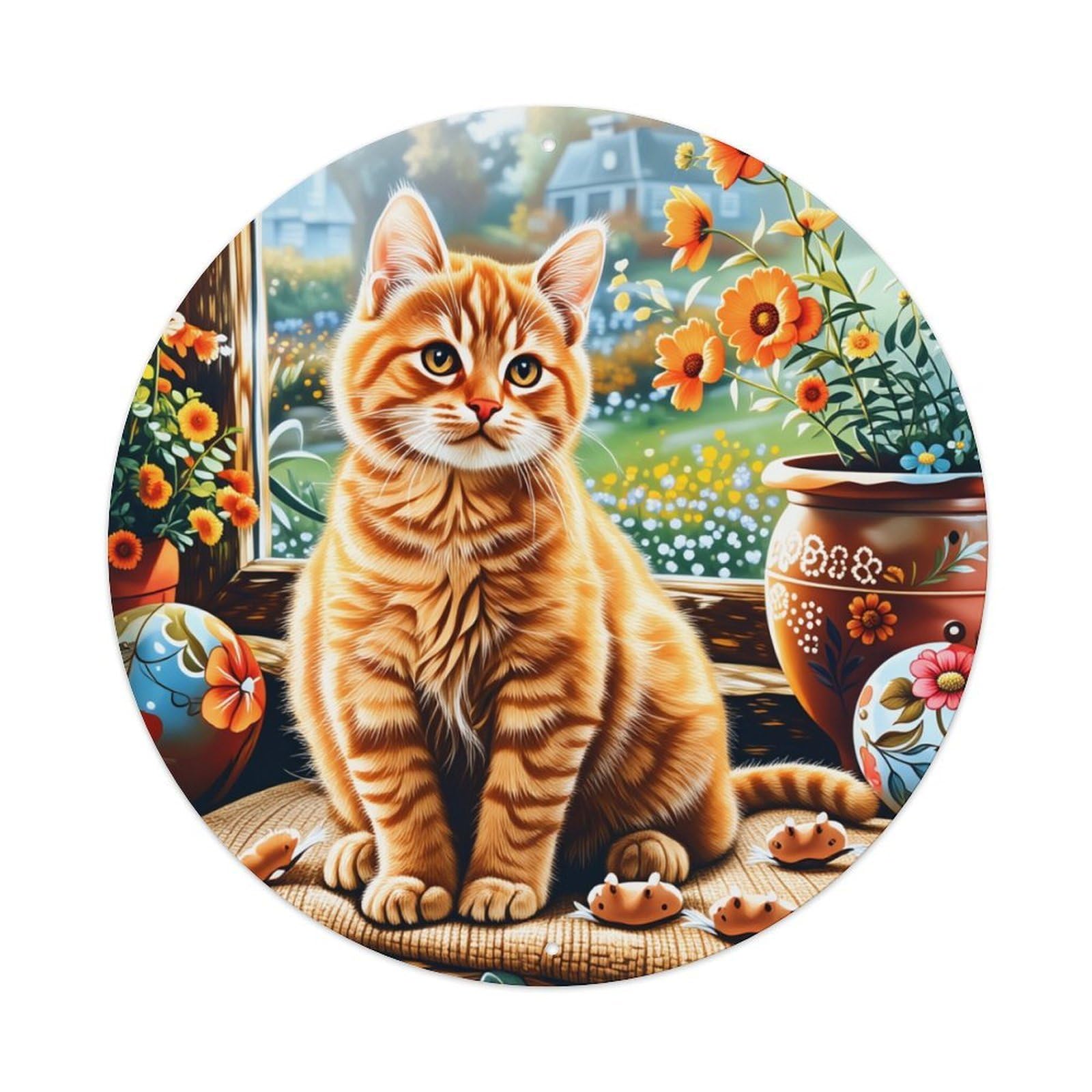 Cute Cat Garden Flowers Pots Round Tin Sign Retro Metal Sign for Cafe Bar Pub Home Game Room Gym Club Wall Decoration Vintage Metal Poster 8x8 Inch