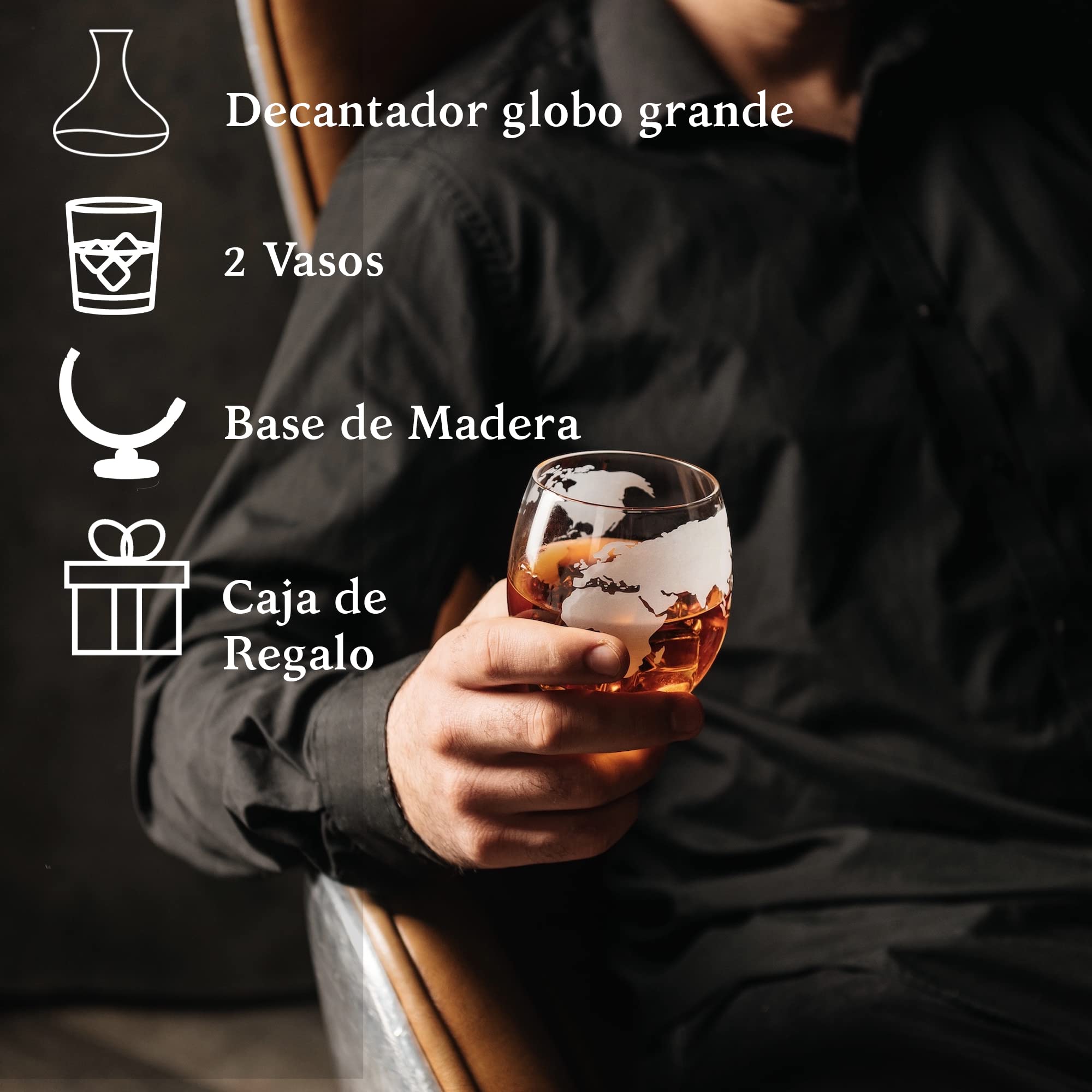 Kemstood Decantador de whisky con diseño de globo grabado (850 ml) - juego de regalo 2023, 4 vasos con el nuevo soporte de madera y asas, escocés, bermellón, vodka