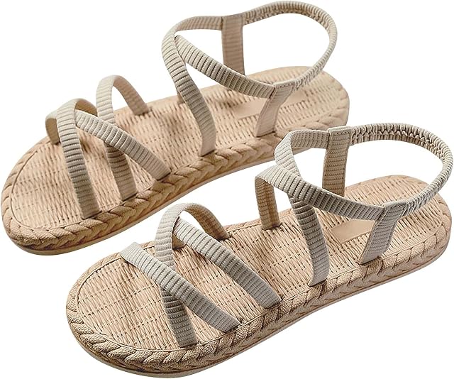 mzDkc0d Summer Ladies Sandals Imitation Straw Espadrille Flat Beach Flat Sandals Sandals for Women Casual,Women's Fashion Clip Toe Flat Sandal Flip Flops Ladies Summer Slippers Beach Shoes