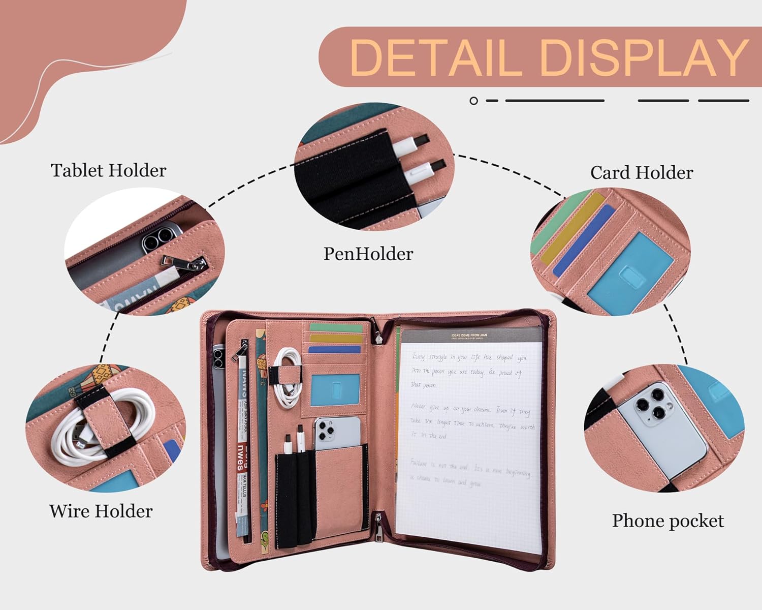 Business Portfolio Binder,Leather Portfolio,Portfolio Organizer,Leather Folder,Padfolio,File Folders，Portfolio Folder,Binder with clipboard,Office ornanziation (Pink)