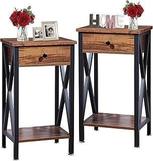 VECELO Versatile Side End Table 27.6â€ Tall Nightstand with Storage Shelves and Drawer for Living Room/Bedroom/Kitchen/Office, Industrial Metal Frame, Set of 2, Shelf, Dark Brown