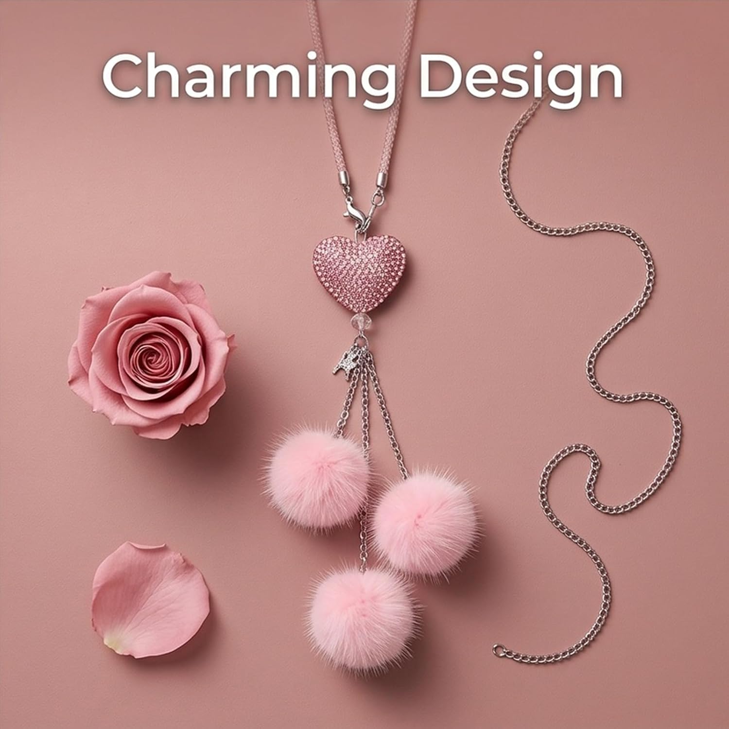1Pcs Bling Heart Rhinestone Rear View Mirror Accessory, Cute Car Accessories, Car Accessories for Women, Stylish Car Decor, Delicate Plush Car Charm for Vehicle Interior Decoration image 2
