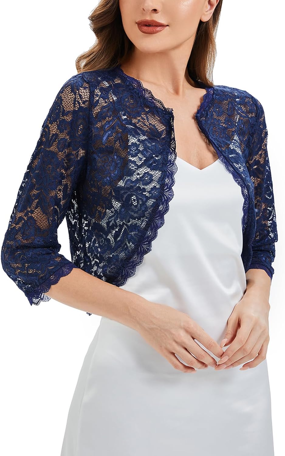 Women's Elegant 3/4 Sleeve Crochet Shrug for Dress Open Front Lightweight Floral Lace Cropped Cardigan - Image 4