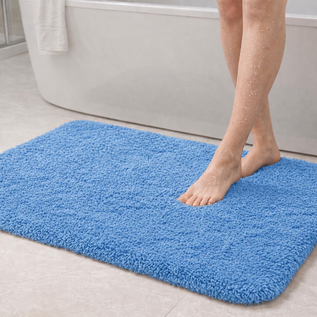 PUFFMAT Microfibre Bath Mat 90 x 60 cm Blue, Absorbent Bathroom Rug with Soft Plush Pile and TPR Backing, Machine Washable Bathroom Mat for Shower, Bathtub, Toilet and Guest Bathroom