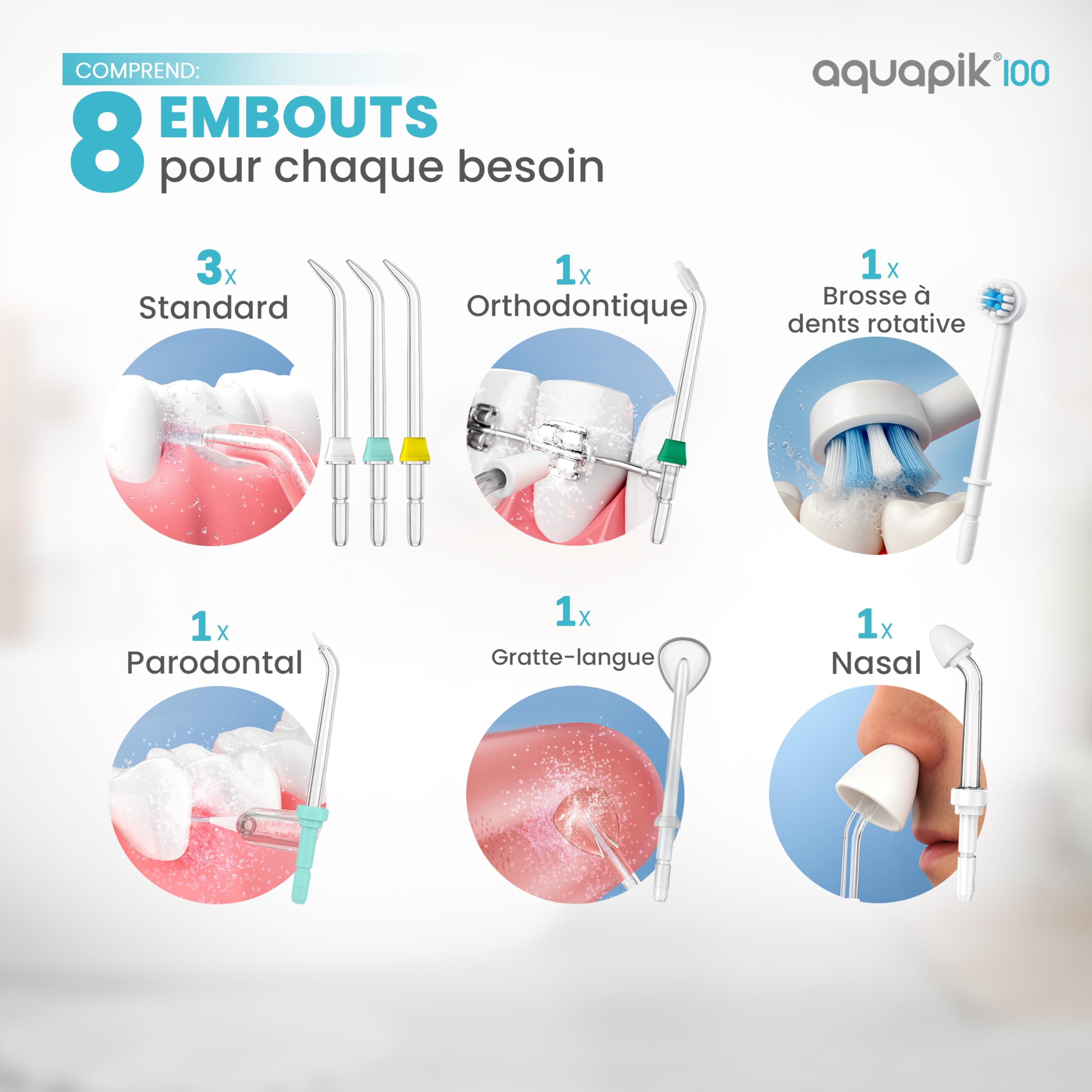 Aquapik100 Hydropulseur Dentaire Water Flosser 600 ml 10 Niveaux 8 Embouts.