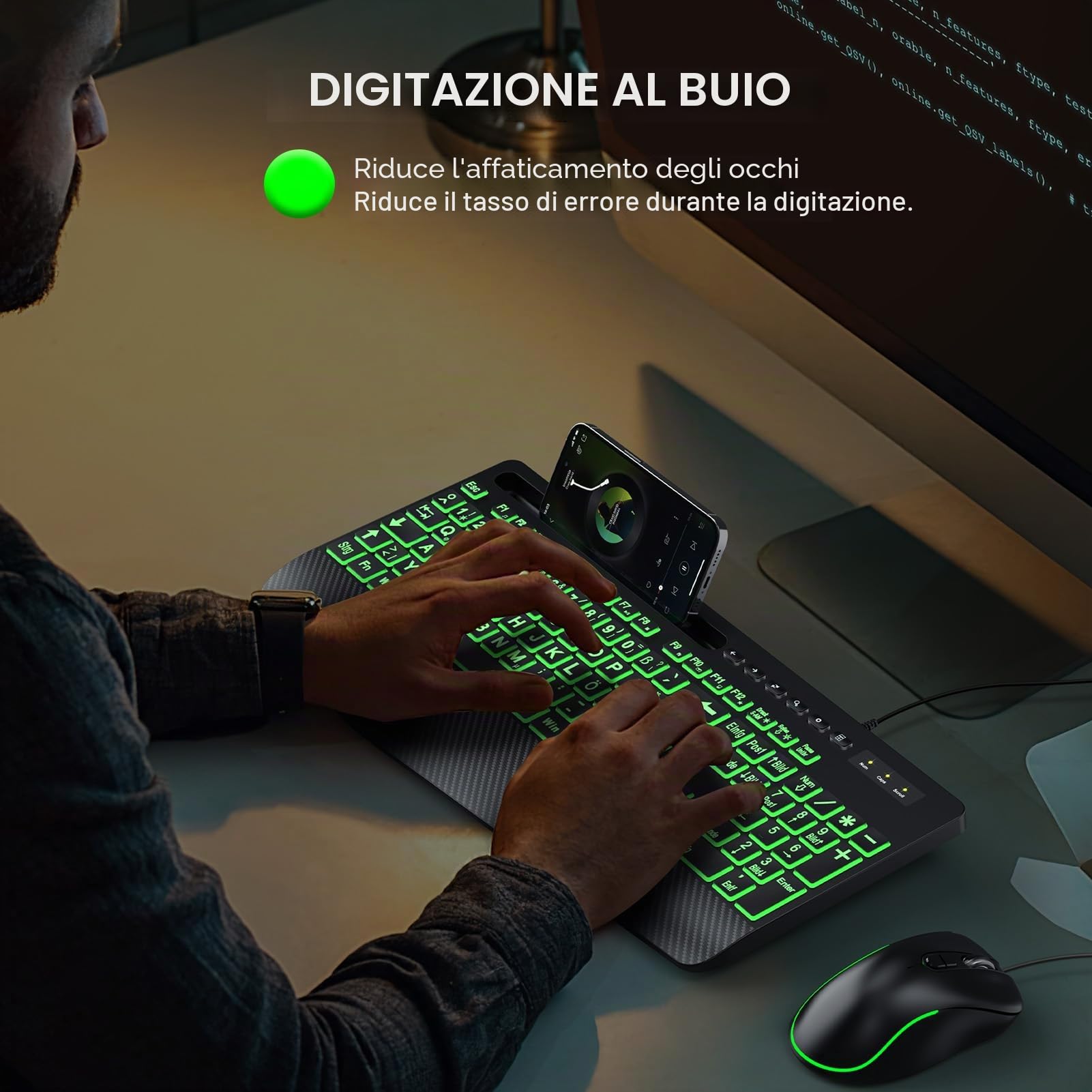 SABLUTE Tastiera Cavo USB illuminato ergonomico per PC - Retroilluminazione a 7 colori, grande pressione, supporto per telefono, facile da leggere