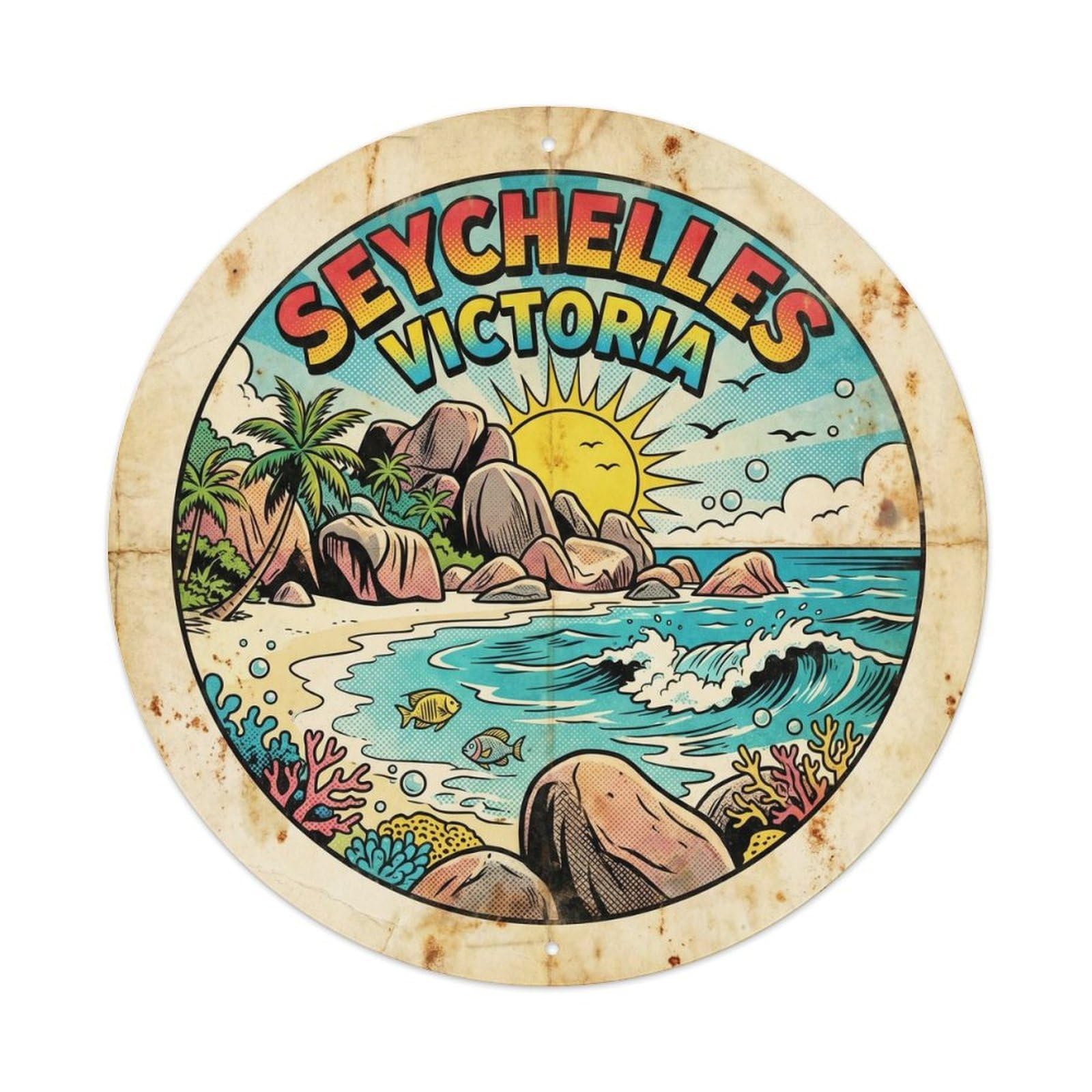 Seychelles Victoria Beach Destination Pop Color Metal Tin Sign