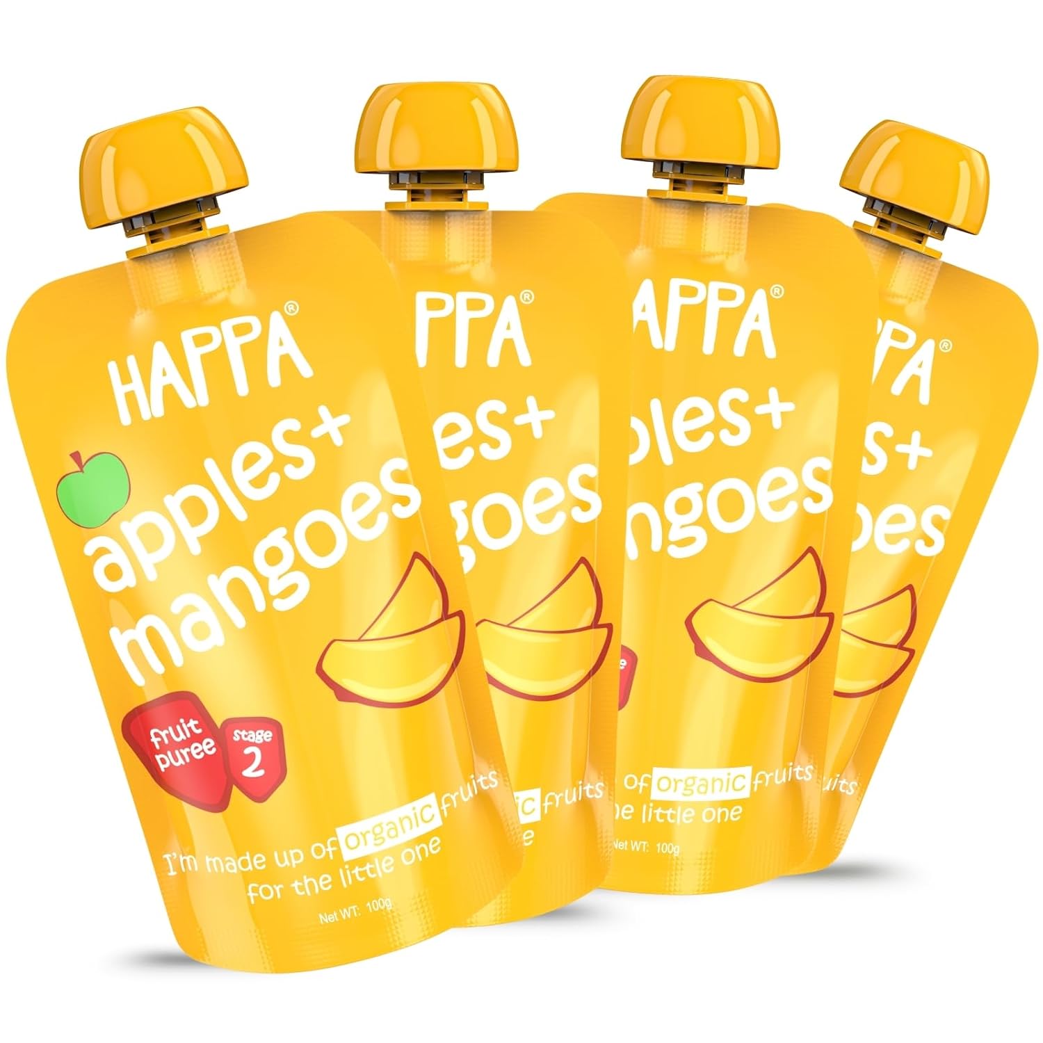 Happa Organic Baby Food Apple and Mango Puree | 100% Fruits | No Added Sugar, No Milk Powder, No Preservatives | Stage 2 (6 Months+) | Ready to Eat | Free from Common Allergens | Pack of 4 (100g Each) Happa Organic Baby Food Apple and Mango Puree | 100% Fruits | No Added Sugar, No Milk Powder, No Preservatives | Stage 2 (6 Months+) | Ready to Eat | Free from Common Allergens | Pack of 4 (100g Each)