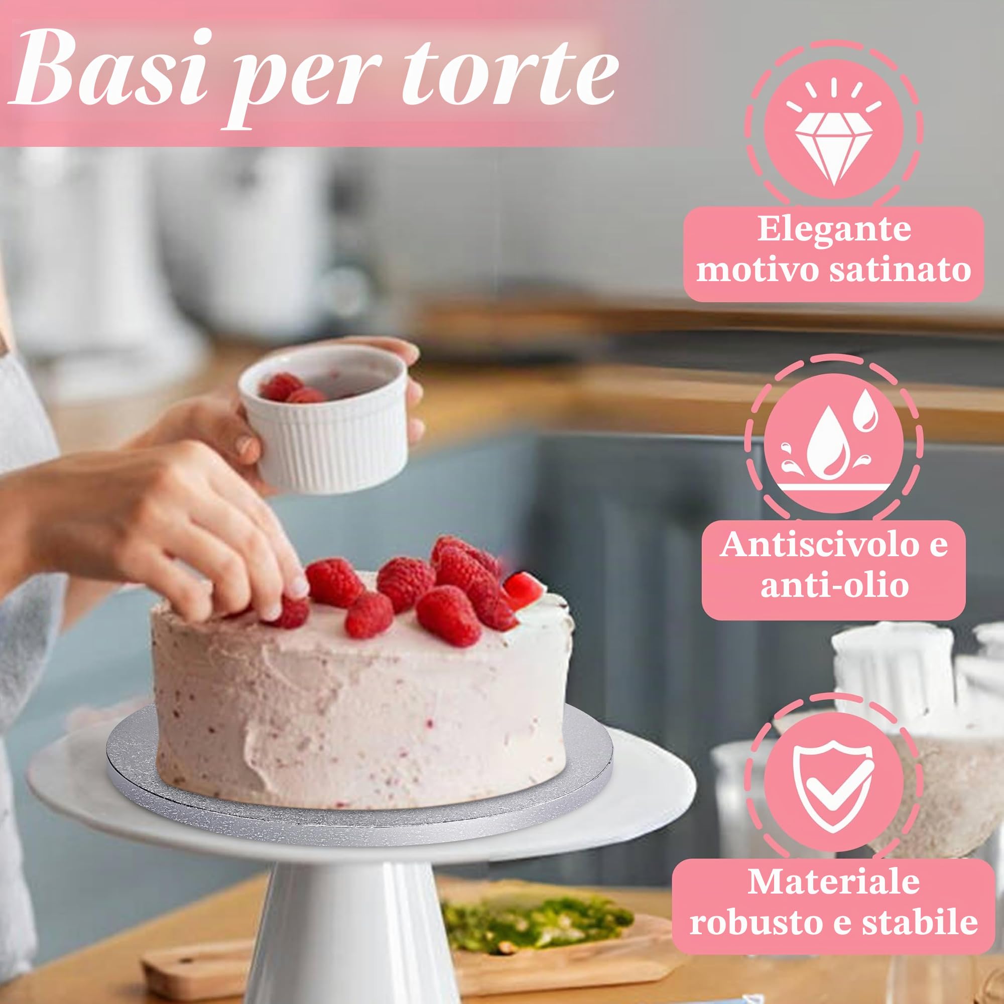 Sottotorta Tondo Cake Board 12 mm - Ø 30 cm - Argento - 5 Pezzi Cake Drum Rotondo, Vassoio Torta in Cartone, Riutilizzabili Base Torta Rivestita per Decorazione, Matrimoni, Compleanno