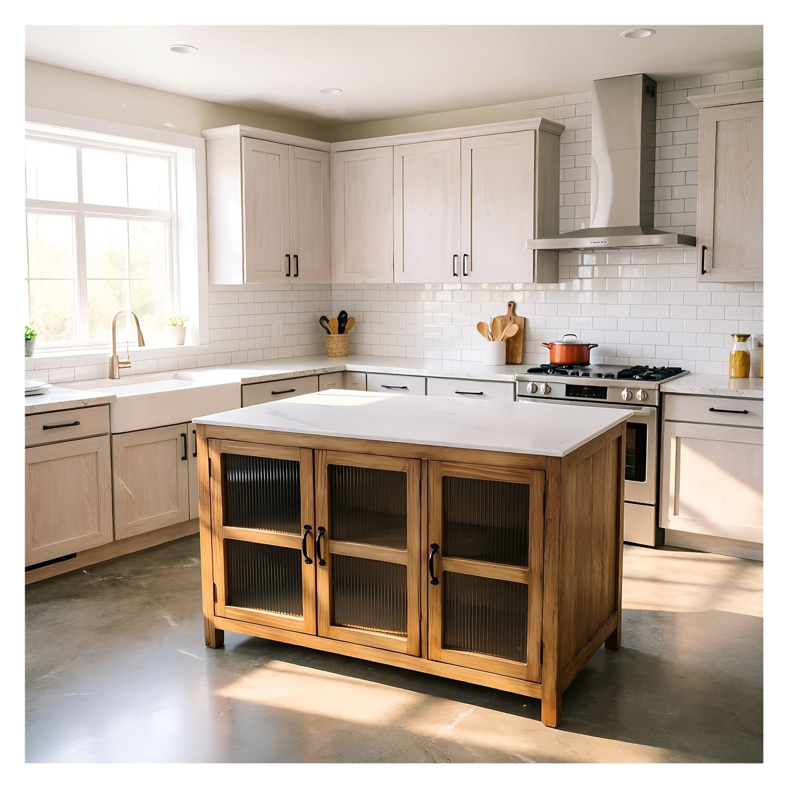 Carro de Cocina Isla de Cocina de Madera con Puertas de Vidrio Estriado Aparador Buffet con Tapa de Piedra sinterizada