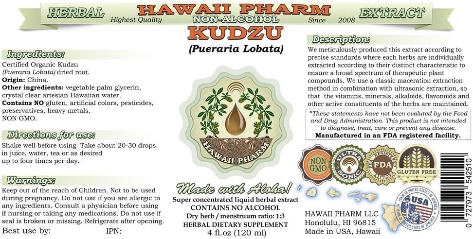 Hawaii Pharm Kudzu Alcohol-Free Liquid Extract, Professional Grade, Small Batch Kudzu (Pueraria lobata) Dried Root Glycerite 2x2 oz