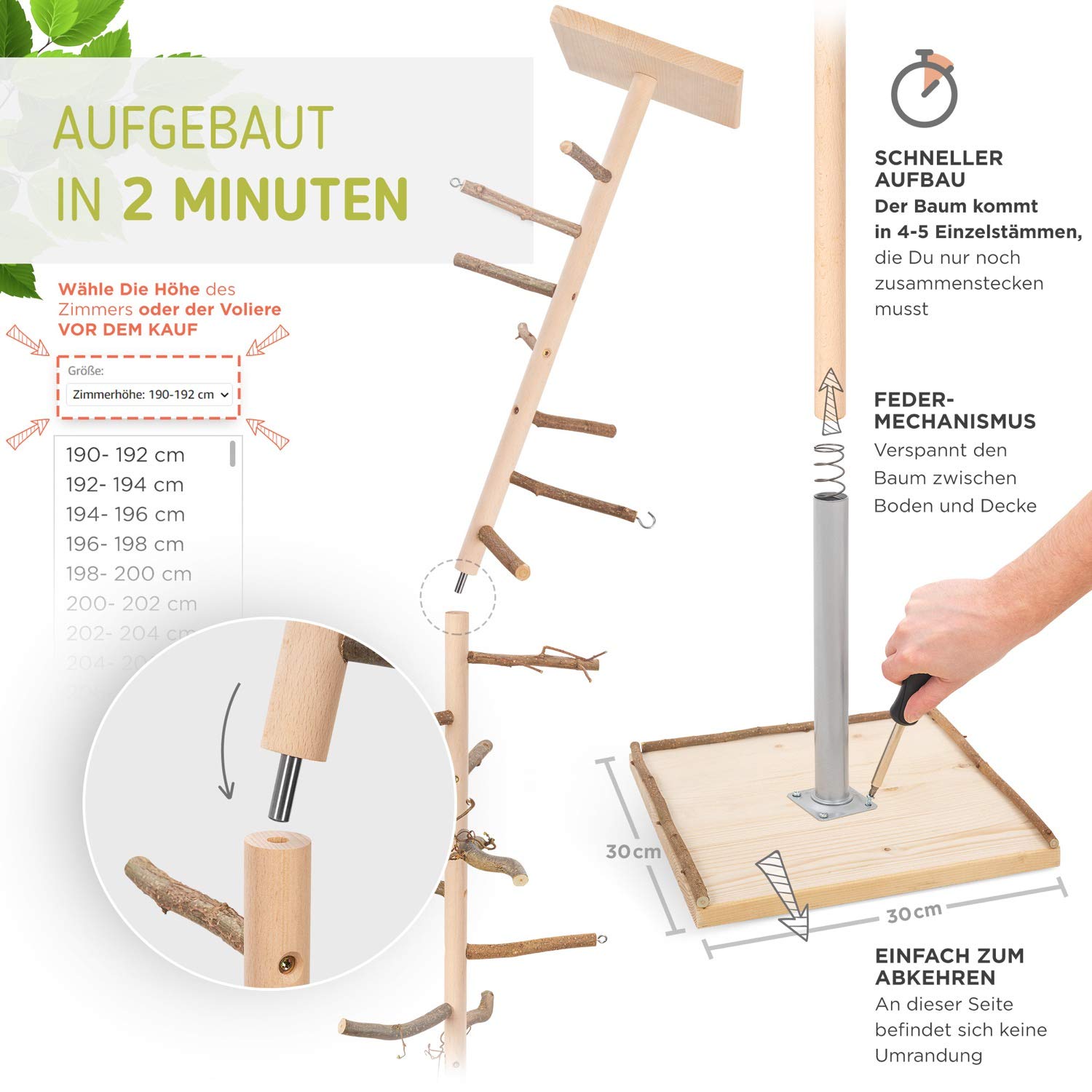 Vogelgaleria® Zimmerhoher Vogel-Kletterbaum 253-255 cm HiFly Basic mit Naturholz-Sitzstangen Vogelspielzeug Vogelspielplatz Freisitz Freiflug Landeplatz für Wellensittich Nymphensittich