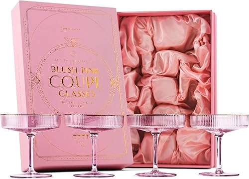 GLASSIQUE CADEAU Vasos vintage Art Deco Blush Pink Coupé con bordes dorados  Juego de 4  Cristalería de cóctel acanalada de cristal de 7 onzas para