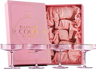 GLASSIQUE CADEAU Vintage Art Deco Blush Pink Coupe Glasses with Gold Rim...