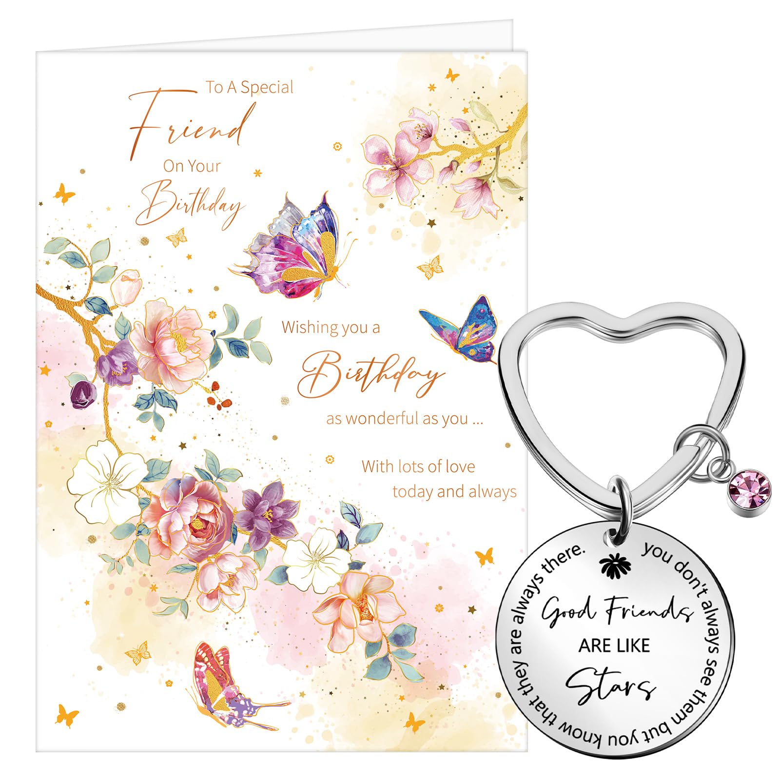 Faccito Female Friend Birthday Card and Good Friend Keychain for Women Girls, Pretty Flower Butterfly Design Card with White Envelope, Birthday Gifts for Female Girls