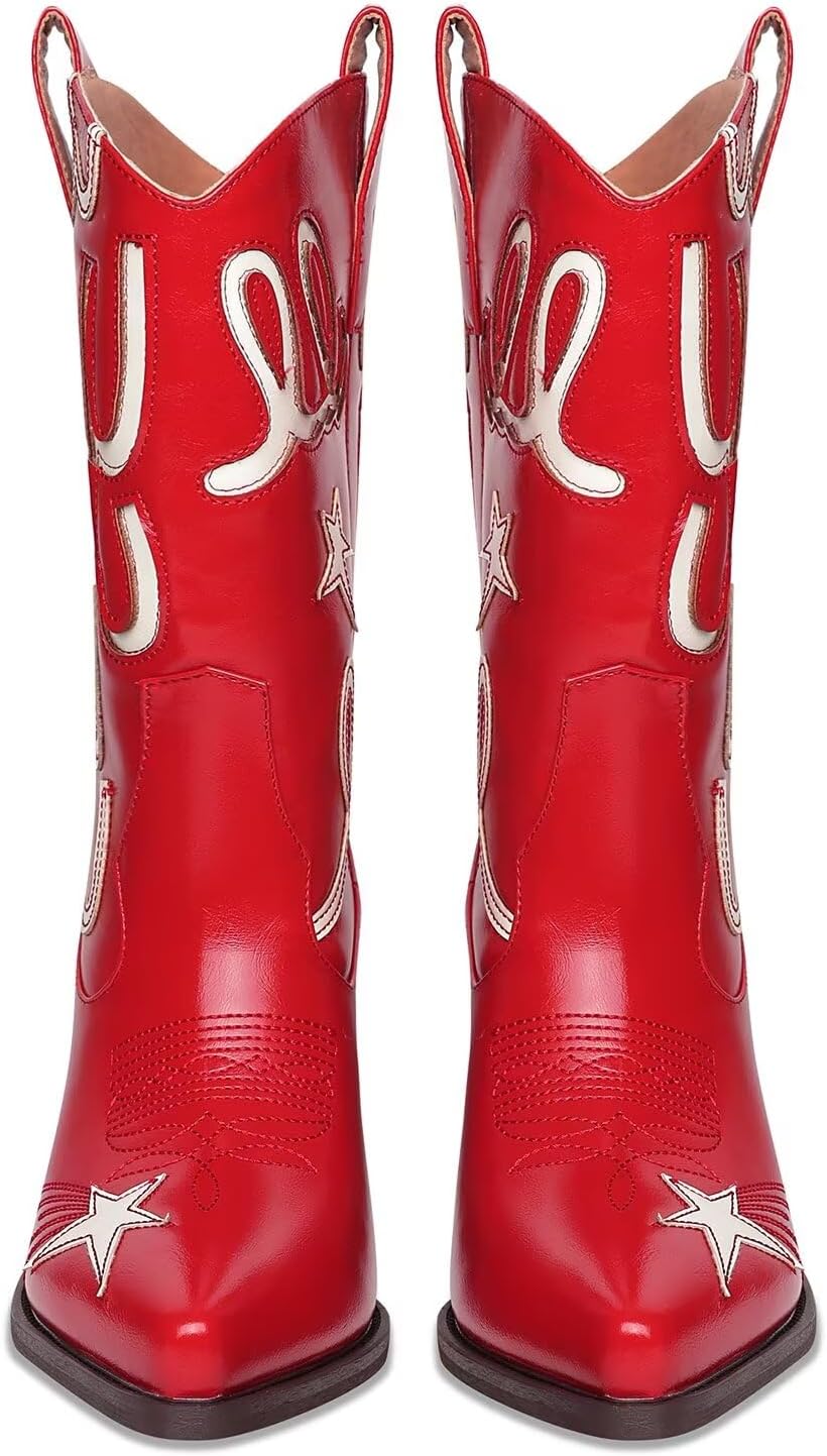Metallic Cowboy Boots for Women Mid Calf Low Heel Pointed Toe Womens Cowgirl Boots Fashion Embroidery Western Pull On Boots - Image 5