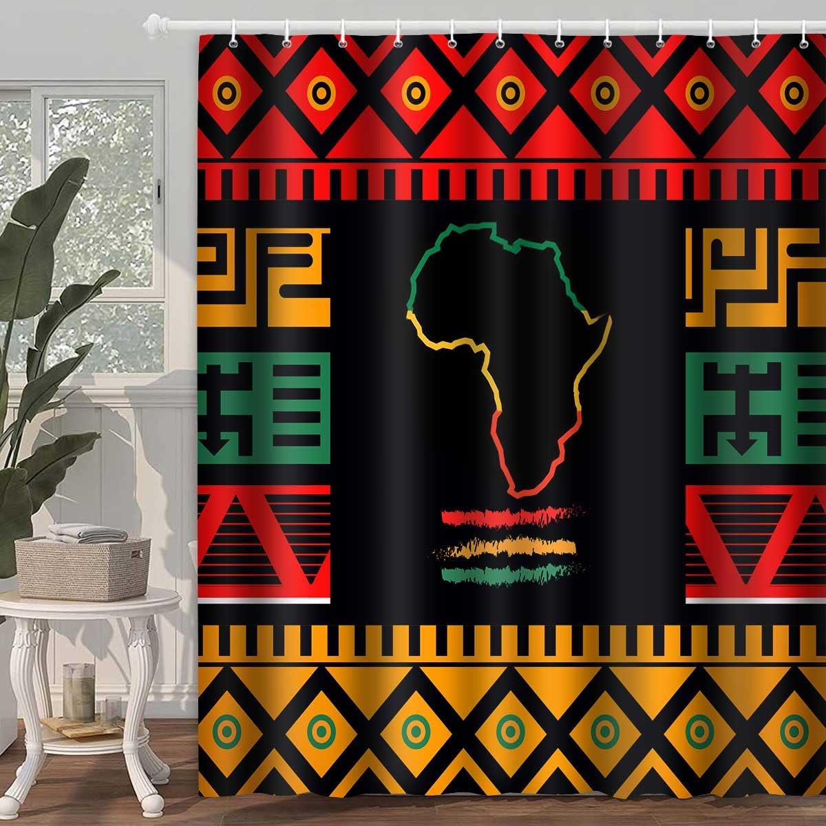 African Shower Curtain, Map of Africa Black History Month Bathroom Shower Curtains, African Boho Ethnic Style Bathroom Curtains Decor Set with 12 Hooks 72x72inch YLOKTP0398