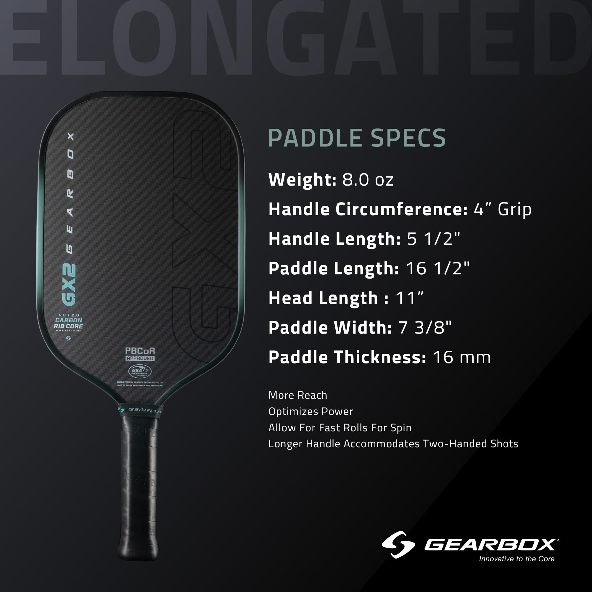 ピックルボールパドル］Gearbox GX2 Elongated 16mm Gearbox GX2 Power