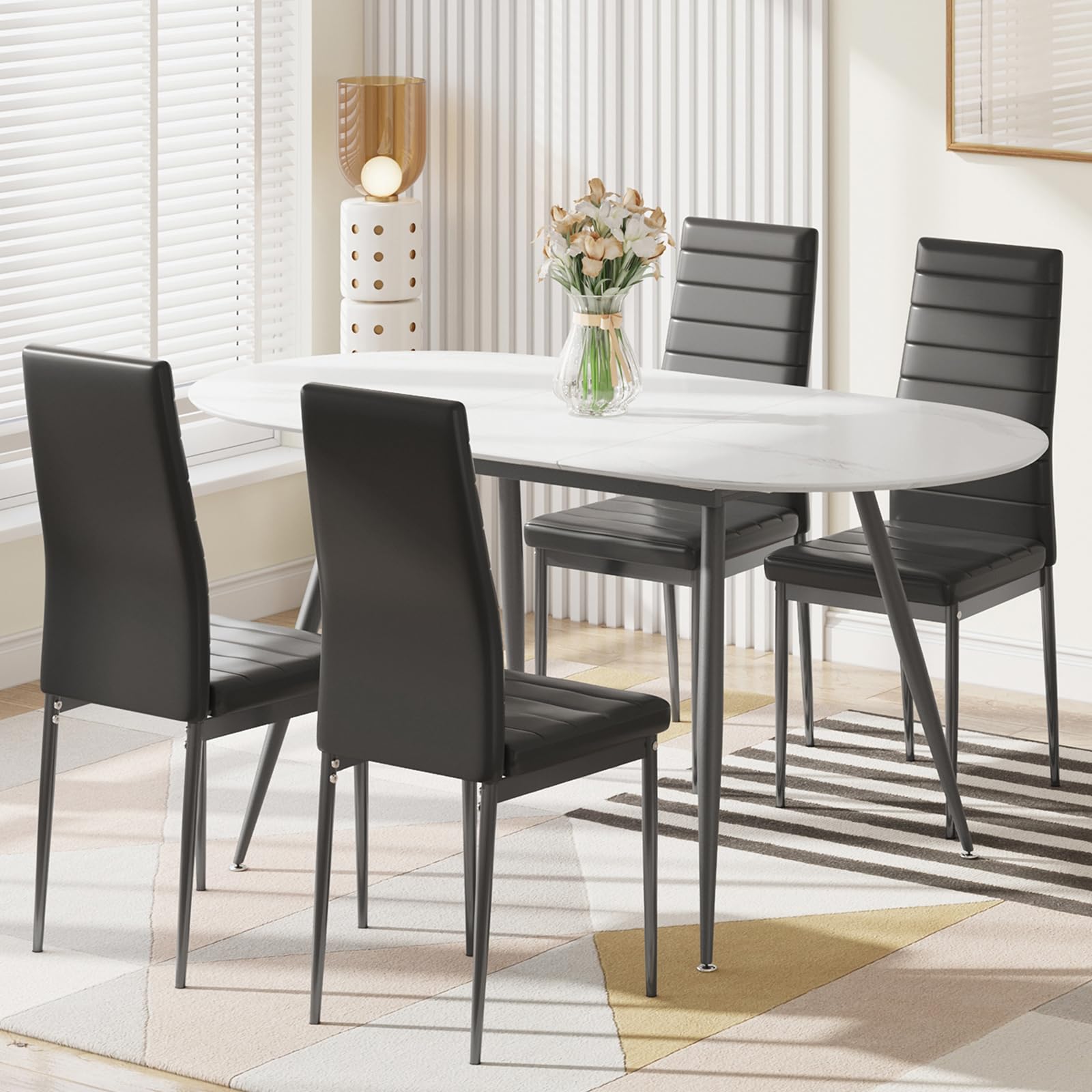 Luxstein Extendable Dining Table and Chairs Set 4, 120-160cm Oval Marble Effect Table with 4 Black High Back PU Leather Chairs for Dining Room, Kitchen