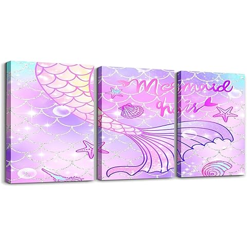 Feelyou Mermaid Canvas Posters Picture Wall Art for Kids Girls Rainbow Purple Mermaid Tail Printed Wall Painting Cute Stars Sparkle Mermaid Fish Scale Glitter Decoration,12x16 Inch 3 Piece