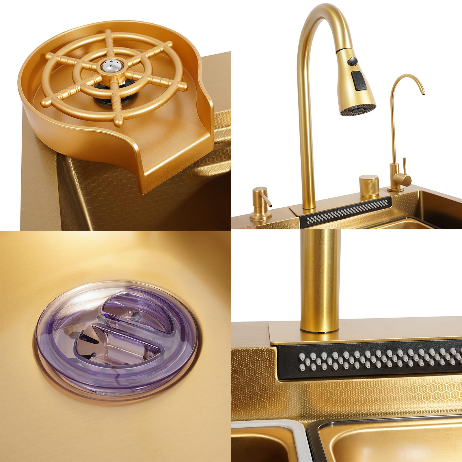 Wasserfall Spüle,Edelstahl Küchenspüle,80x46cm,1 Becken,Multifunktional Barspüle mit Ausziehbar Wasserhahn,Tassenwaschmaschine Und Komplettes Zubehör Set (Gold, 80x46x22cm)
