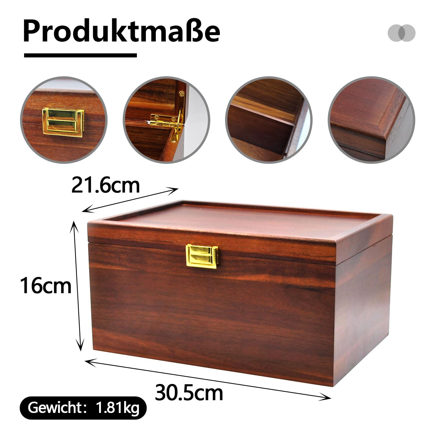 Große Holz Aufbewahrungsbox mit Klappdeckel & Herausnehmbarem Fach, Vintage Akazienholz Schatztruhe (ca. 30,5 x 21,6 x 16 cm) - Ideal für Schmuck, Souvenirs, Werkzeug & Kleinteile