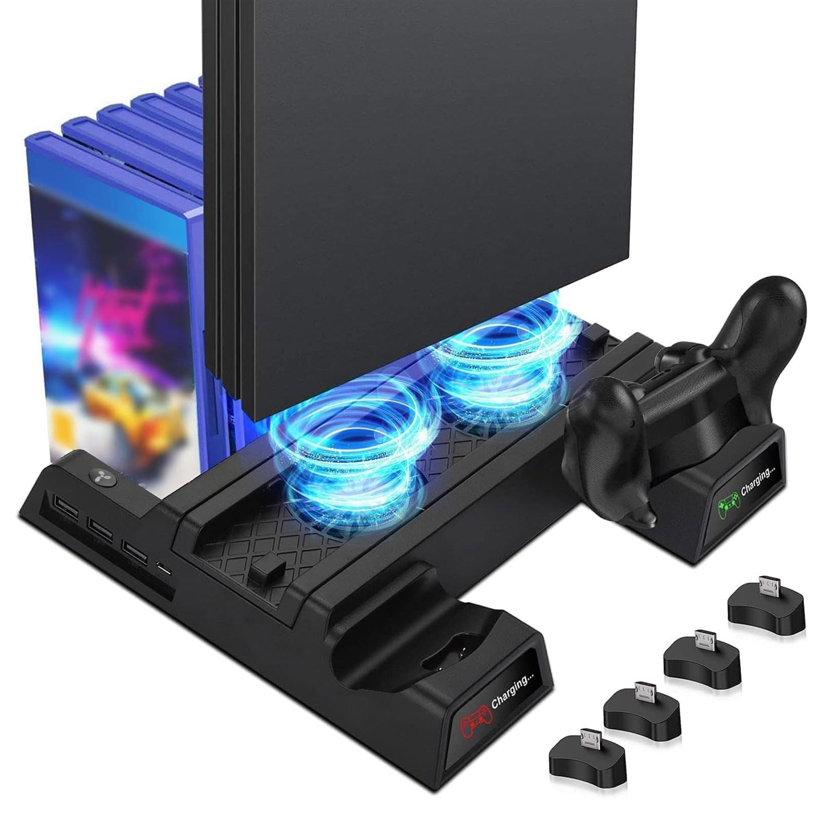EEEKit Podstawka z Wentylatorem do Playstation 4 Pro, Zewnętrzny Chłodzenie Wentylator do PS4 Slim ze Stacją Ładującą dla 2 Kontrolerów, Hub USB, Przechowywanie 12 Gier